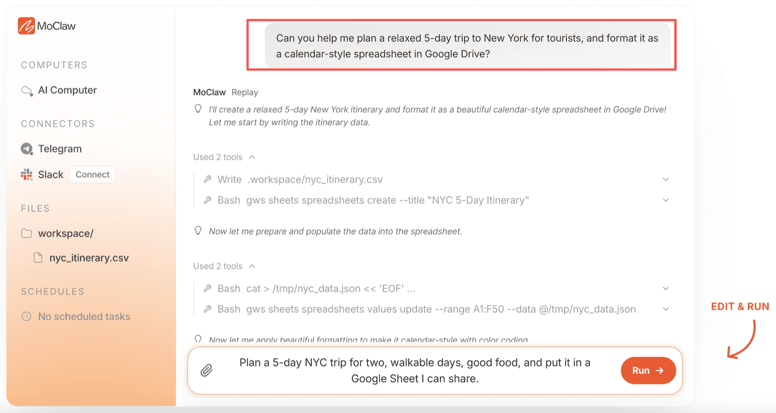 Zentor (formerly MoClaw) interface showing the trip planning prompt and the tool calls it ran, including writing nyc_itinerary.csv and creating a Google Sheet titled NYC 5-Day Itinerary