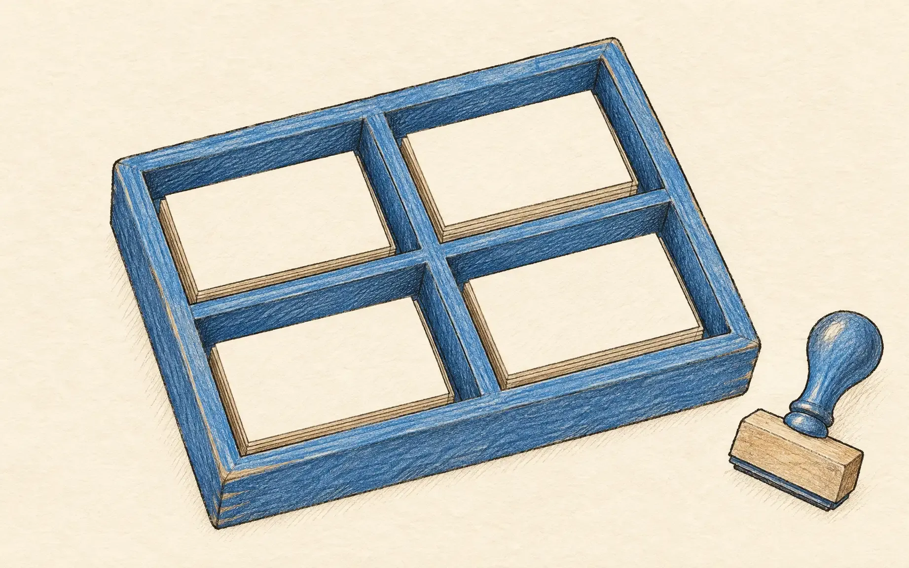 A blank workspace organizer and approval stamp representing the boundary between AI preparation and human commitment