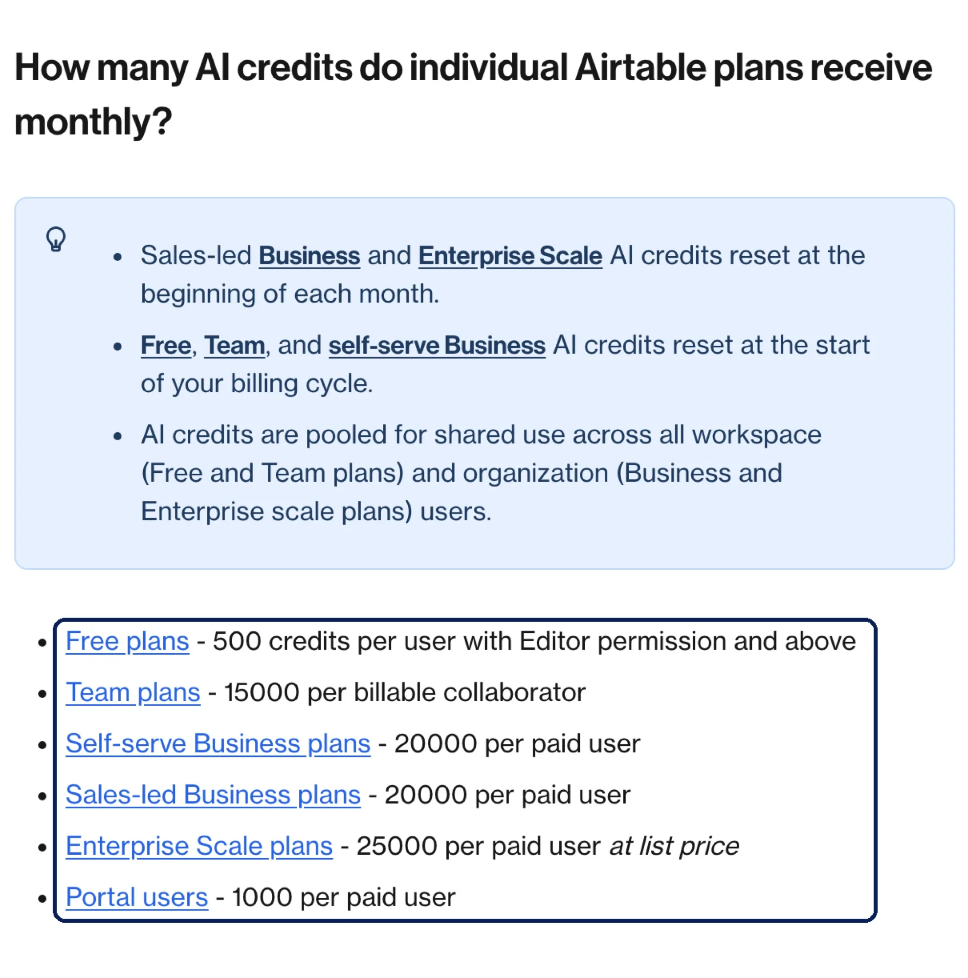 Airtable's help center lists monthly AI credits per plan: 500 on Free, 15,000 on Team, 20,000 on Business and 25,000 on Enterprise Scale (screenshot, October 20, 2026)