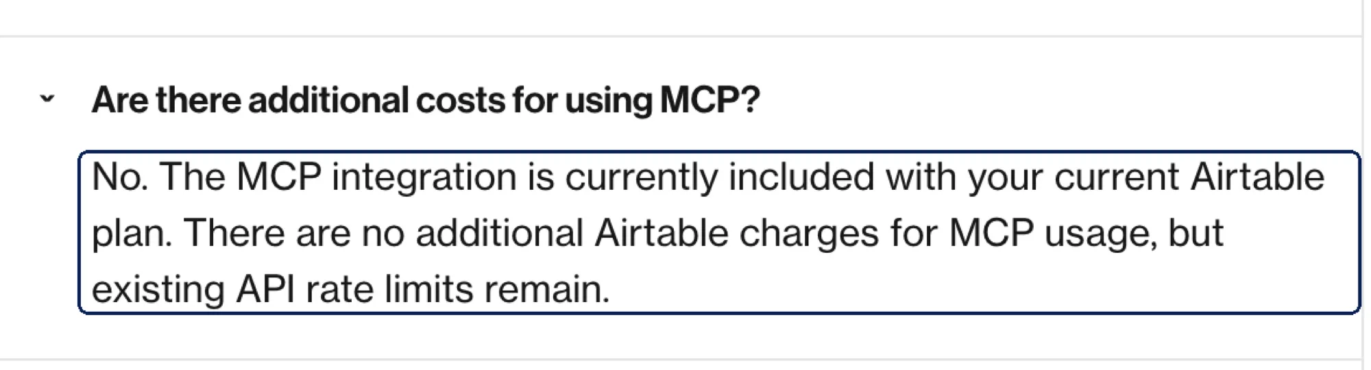 Airtable Help Center: the MCP integration is included with your plan, with no additional Airtable charges for MCP usage (screenshot, October 20, 2026)