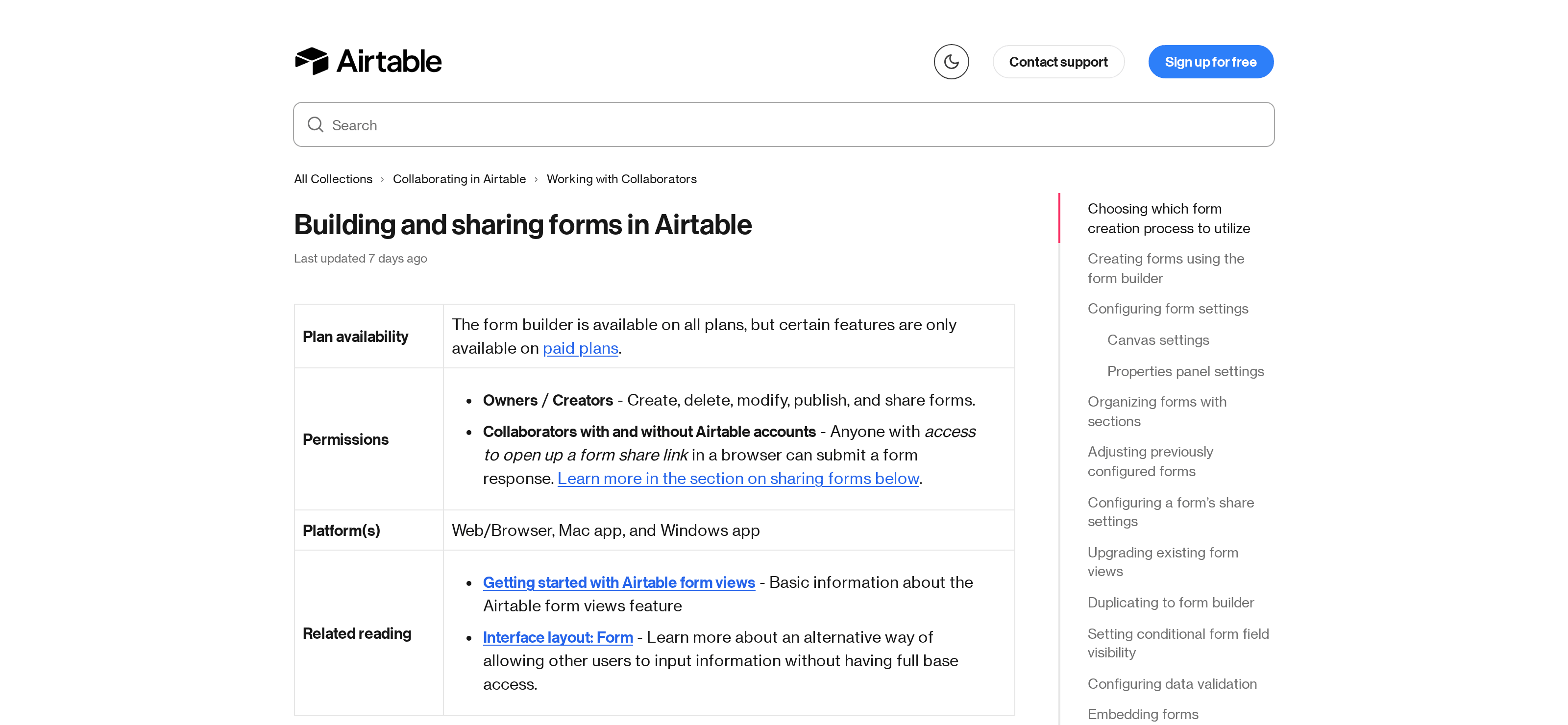 Official Airtable help page showing current form-builder availability and permissions