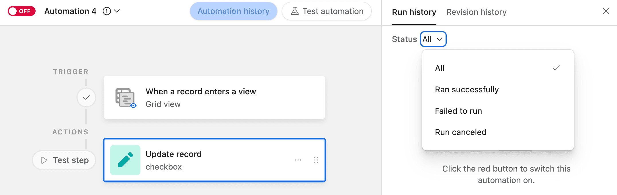 Airtable's documented Run history status filter, shown in an official help-center screenshot.
