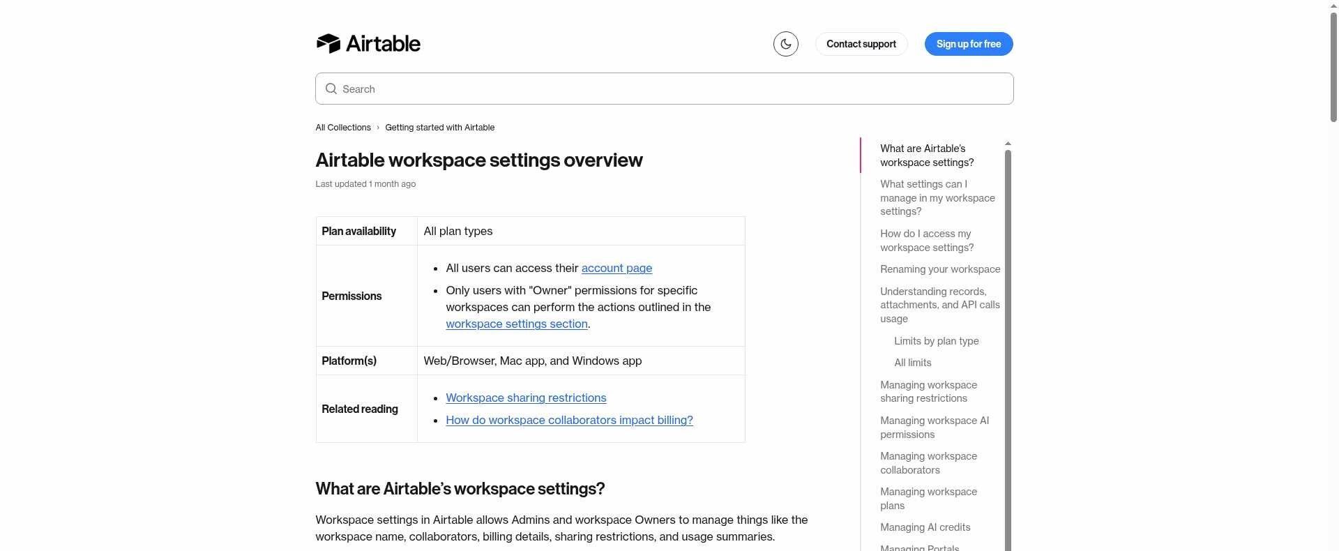 Official Airtable documentation showing workspace settings and plan availability