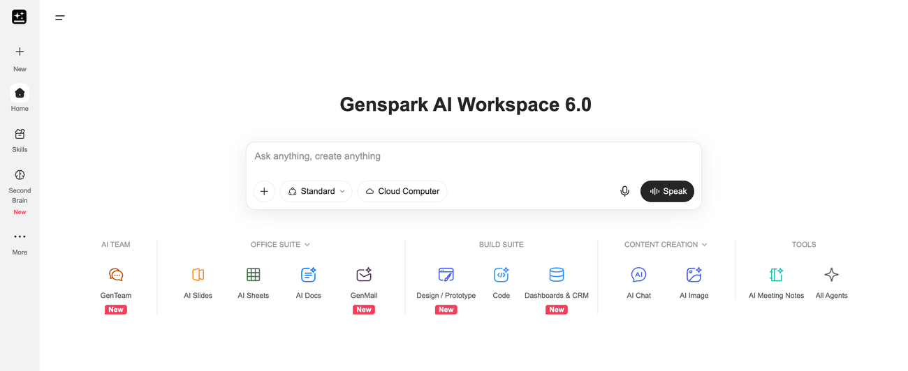 Genspark's AI Workspace bundles agentic tools, slides, docs, code, dashboards, image, and chat, behind one "ask anything" box, with nothing to install.