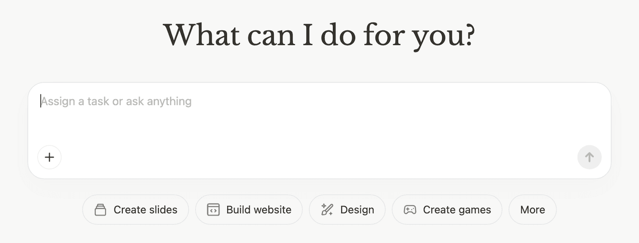 Manus opens to a single task box. Hand it a one-off goal, build a website, create slides, design something, and it runs the job autonomously in the cloud with no local setup.