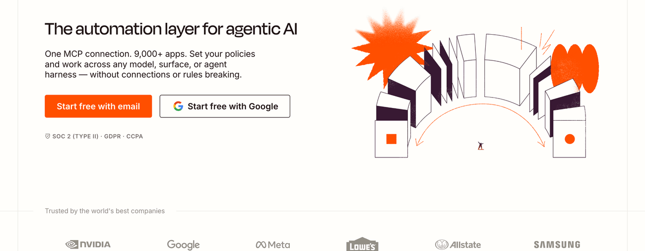Zapier layers AI agents over the largest integration catalog in the category, 9,000-plus apps, so automations run against the SaaS tools you already use.
