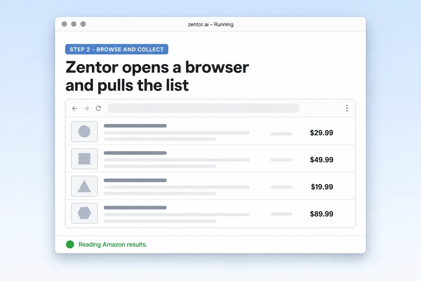 Step 2: Zentor browsing Amazon results and collecting prices