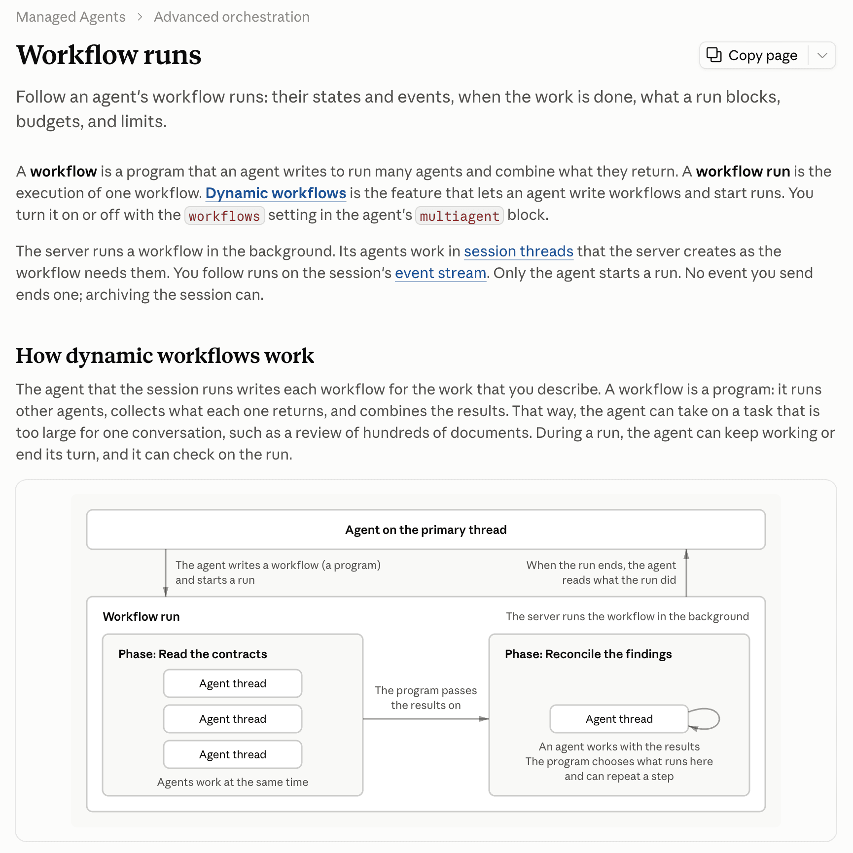 Anthropic Workflow runs documentation showing how an agent-written program runs parallel threads and combines their results