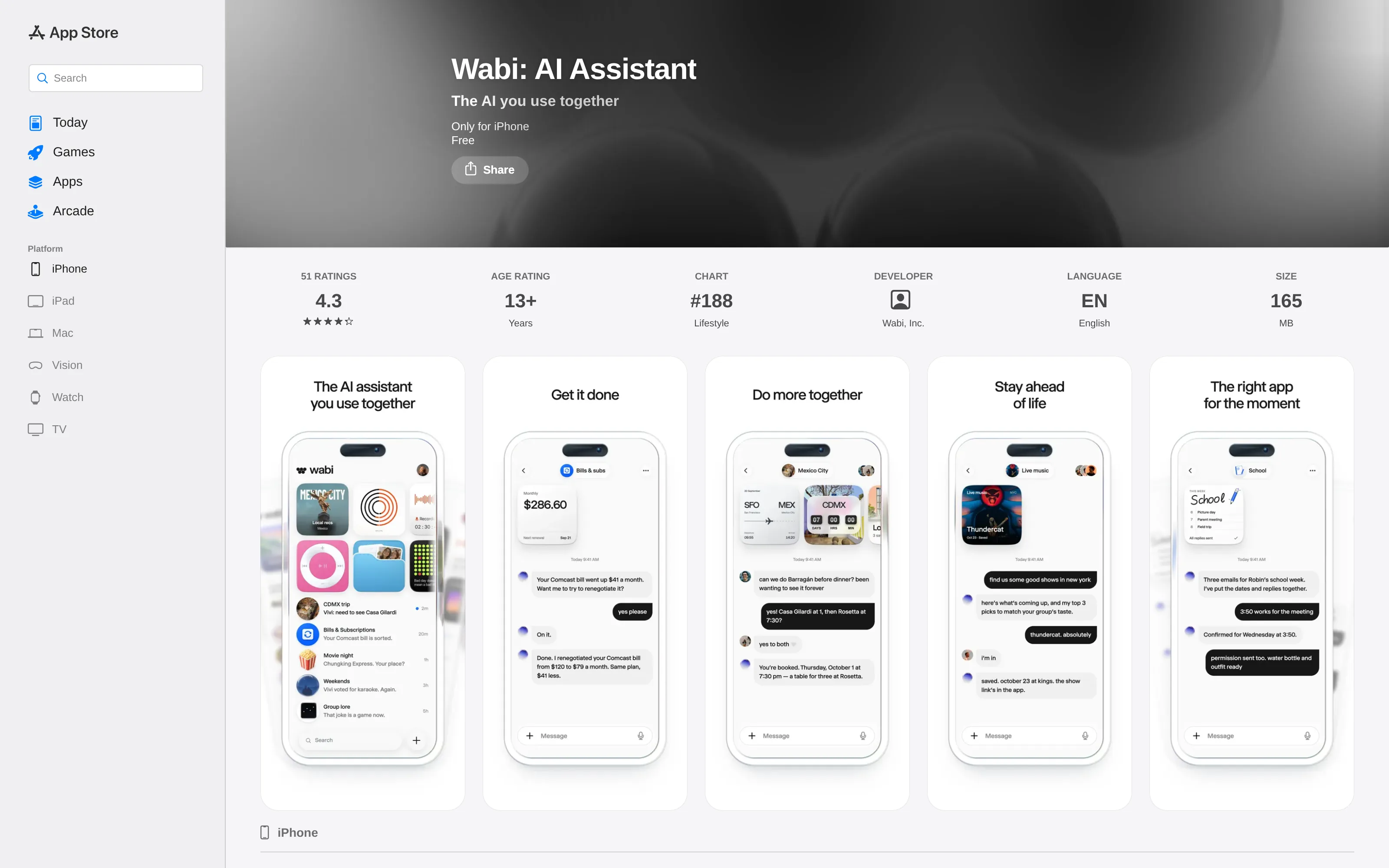 The public App Store page for Wabi: AI Assistant shows the iPhone app and a Free label.