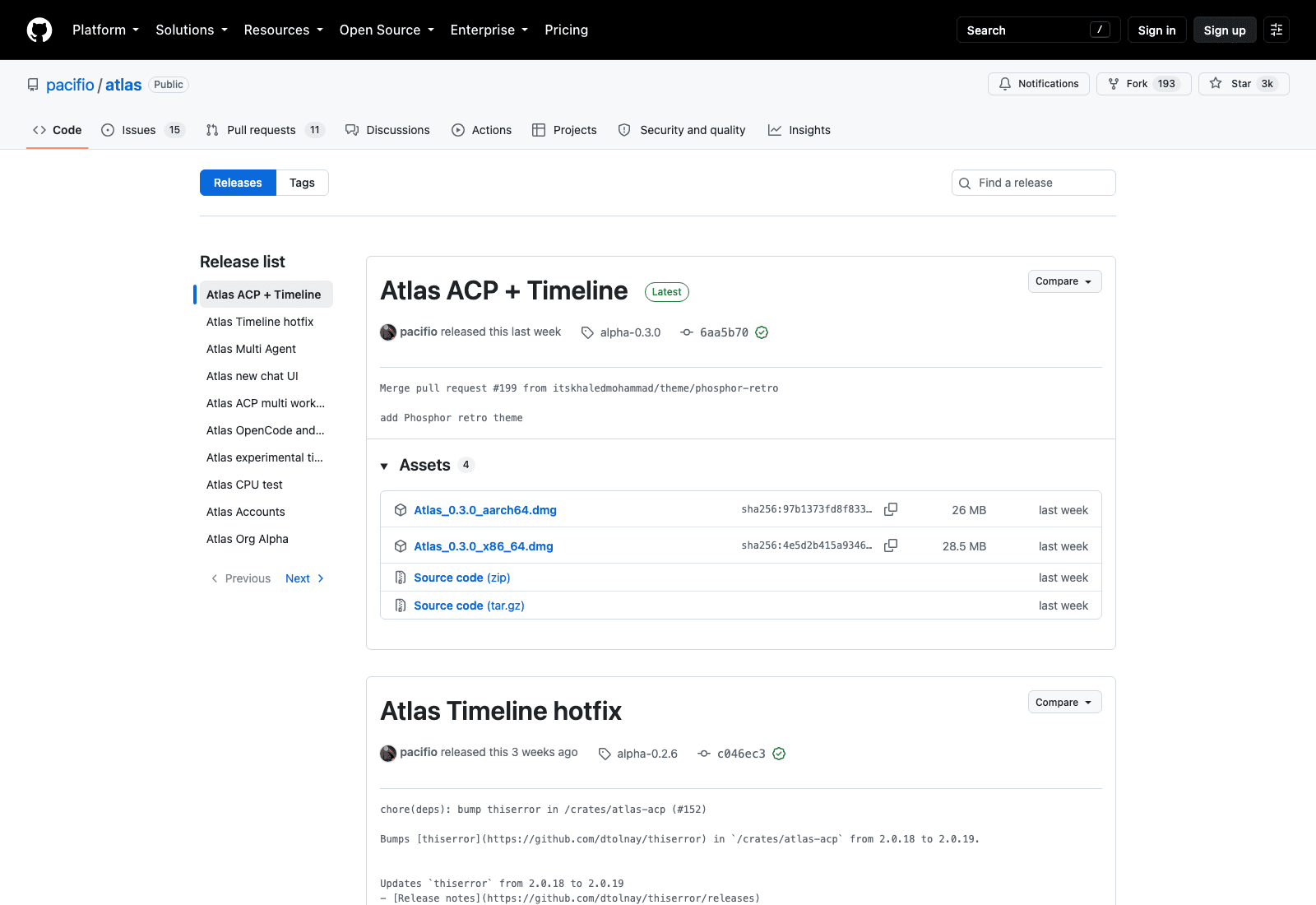The Atlas releases page: alpha-0.3.0 tagged Atlas ACP + Timeline, shipping only aarch64 and x86_64 .dmg builds at 26 MB and 28.5 MB