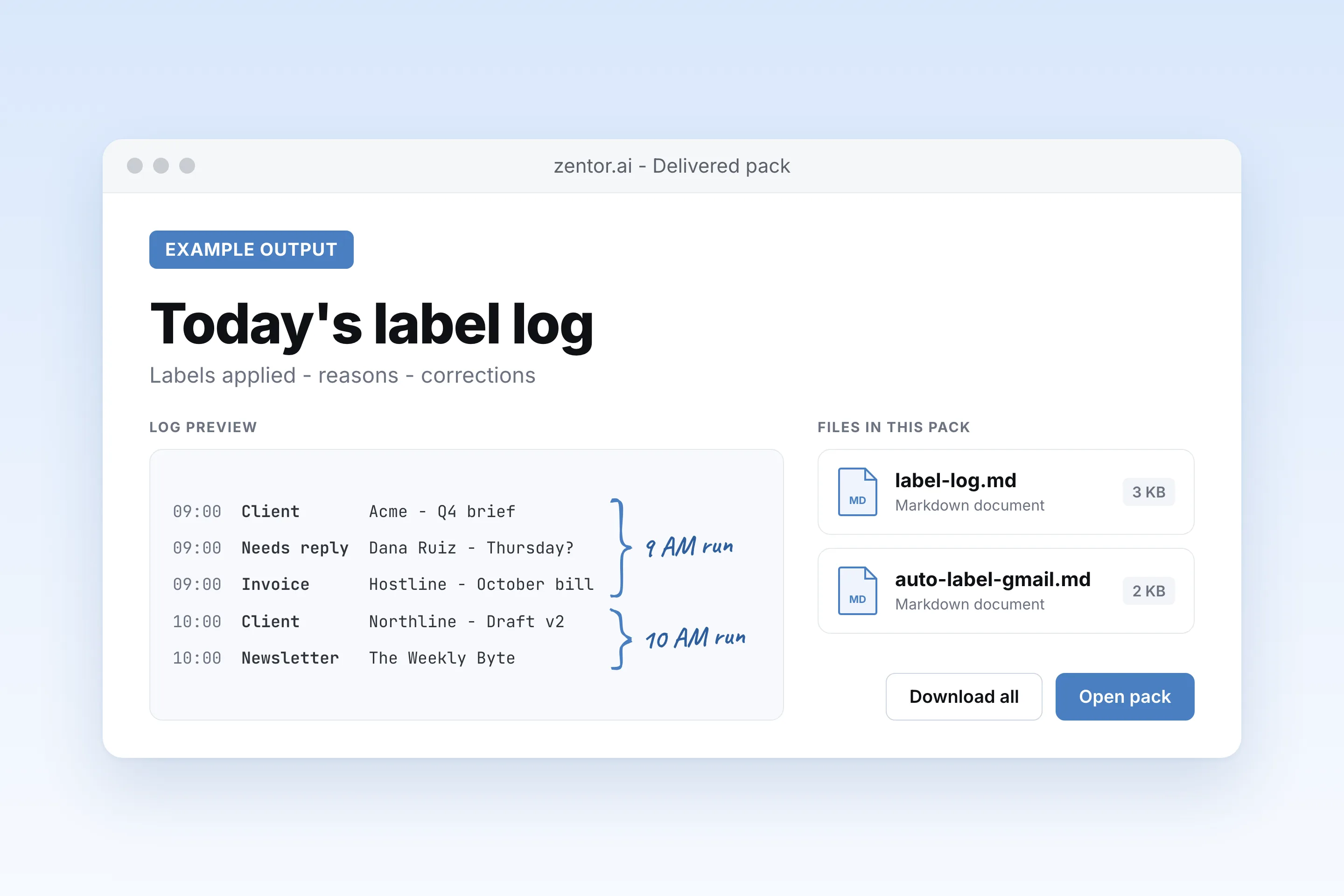 Example output: hourly label log showing which emails went to Client, Invoice and Needs reply