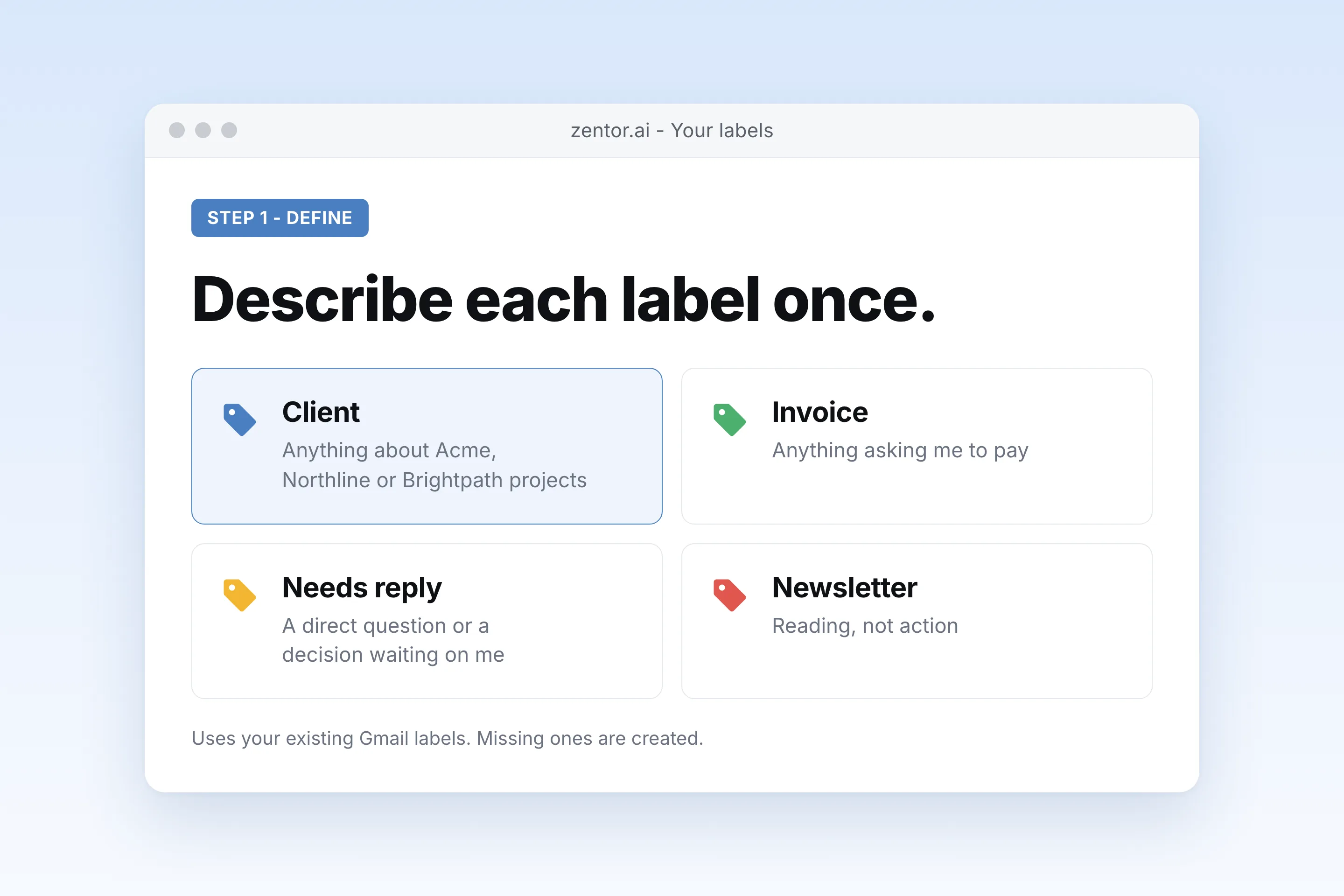 Step 1: describe each Gmail label in plain English