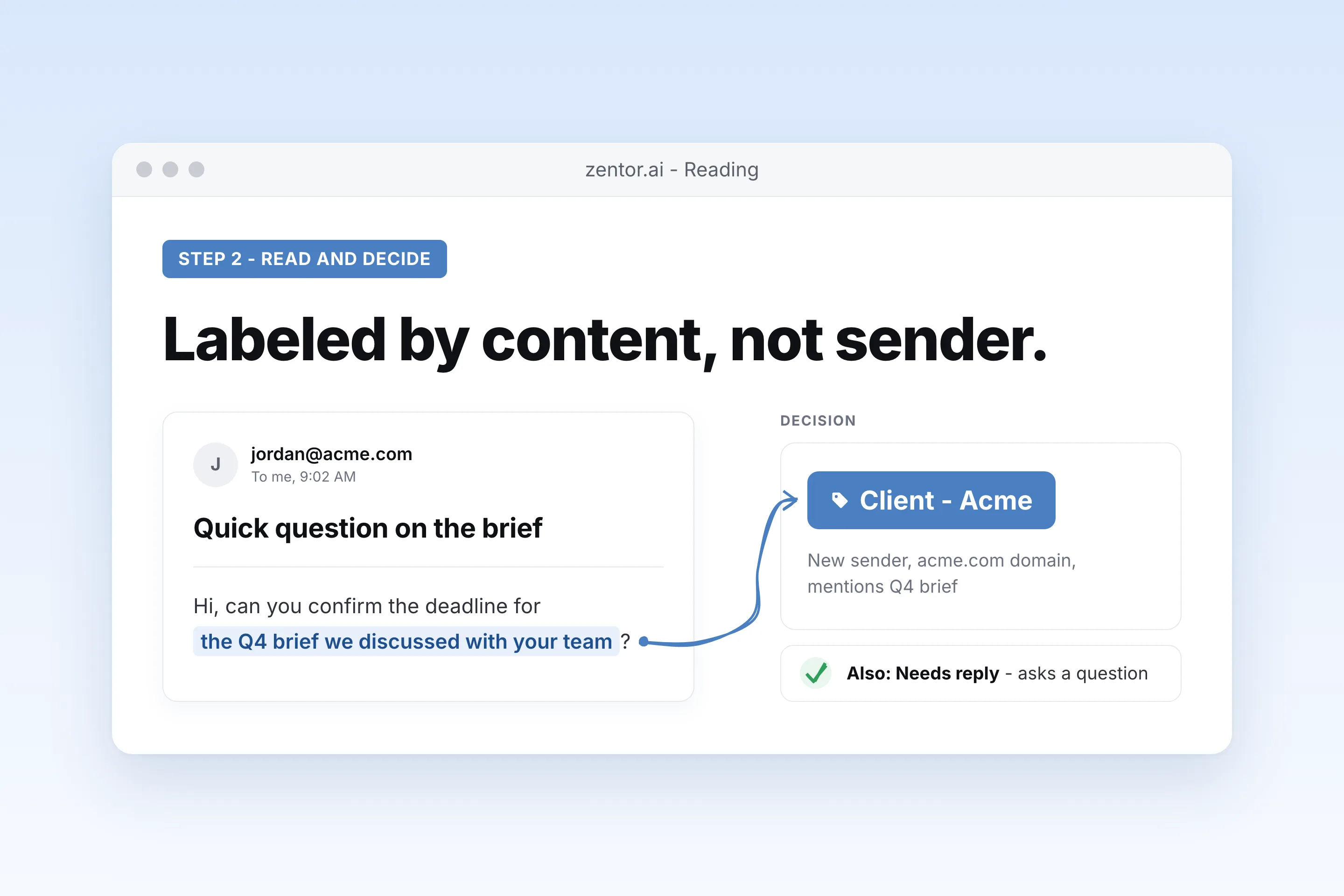 Step 2: Zentor reading new emails and choosing a label for each