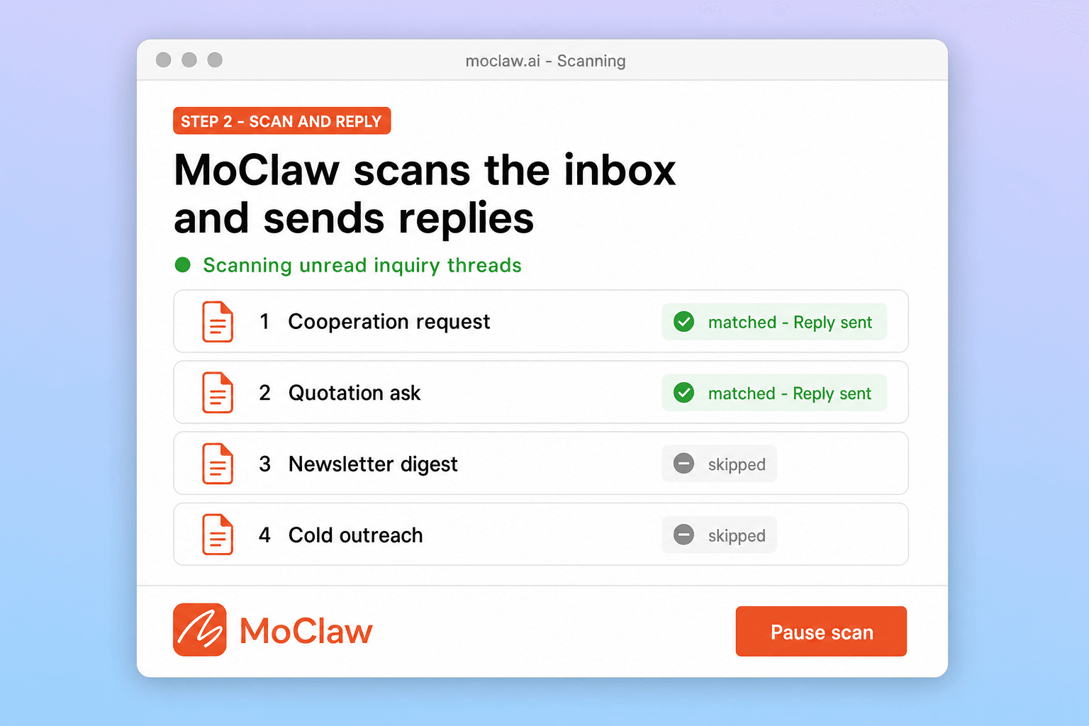 Step 2: Zentor (formerly MoClaw) scanning Gmail for inquiry threads and sending pricing replies