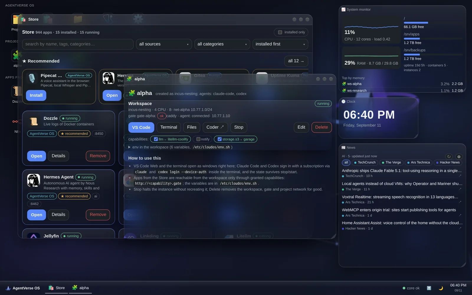 A project card on the AgentVerse-OS desktop: the alpha workspace running on incus-nesting with four CPUs, its granted capabilities, and the store reporting 944 apps with 15 installed.