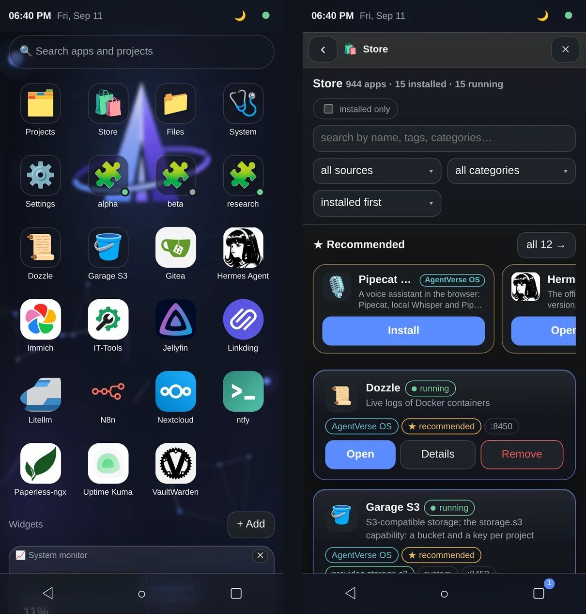 AgentVerse-OS on a phone: a home screen of projects and installed apps including Hermes Agent, beside the store reporting 944 apps with 15 installed and 15 running.