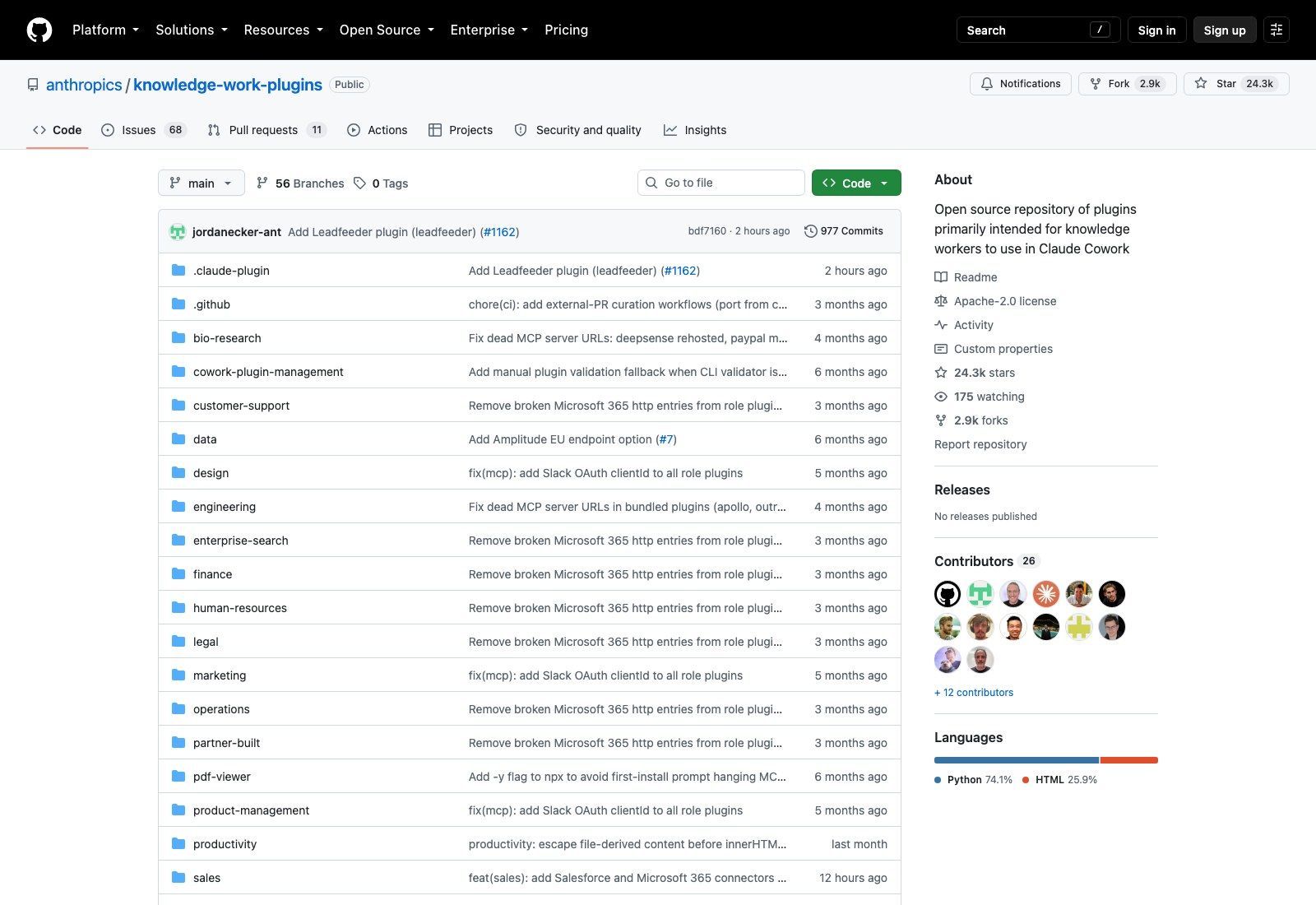 The anthropics/knowledge-work-plugins repository, Apache-2.0 licensed and updated on a rolling main branch with no tagged releases