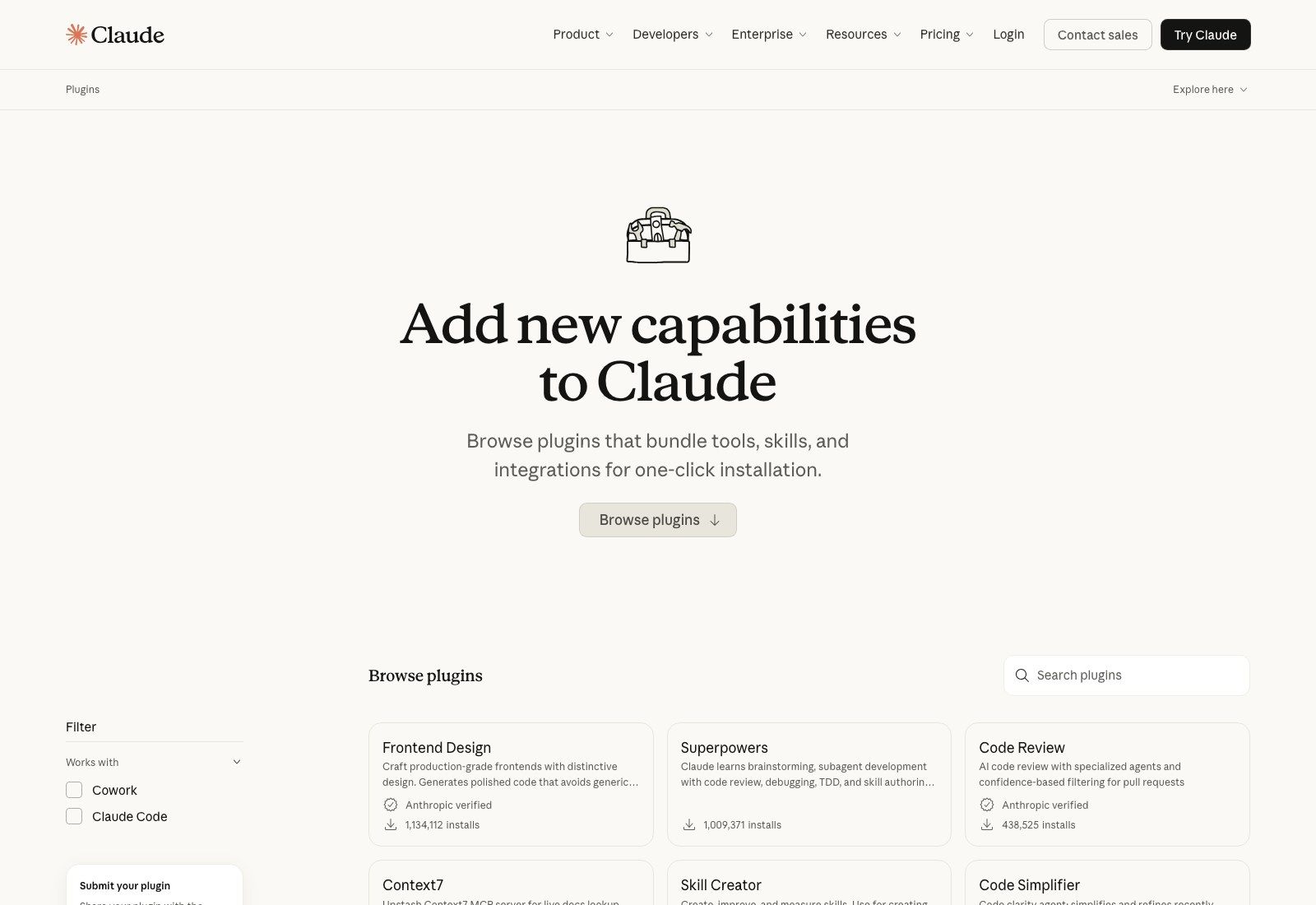 The official Claude plugin directory, filterable by Cowork or Claude Code, with install counts shown per plugin