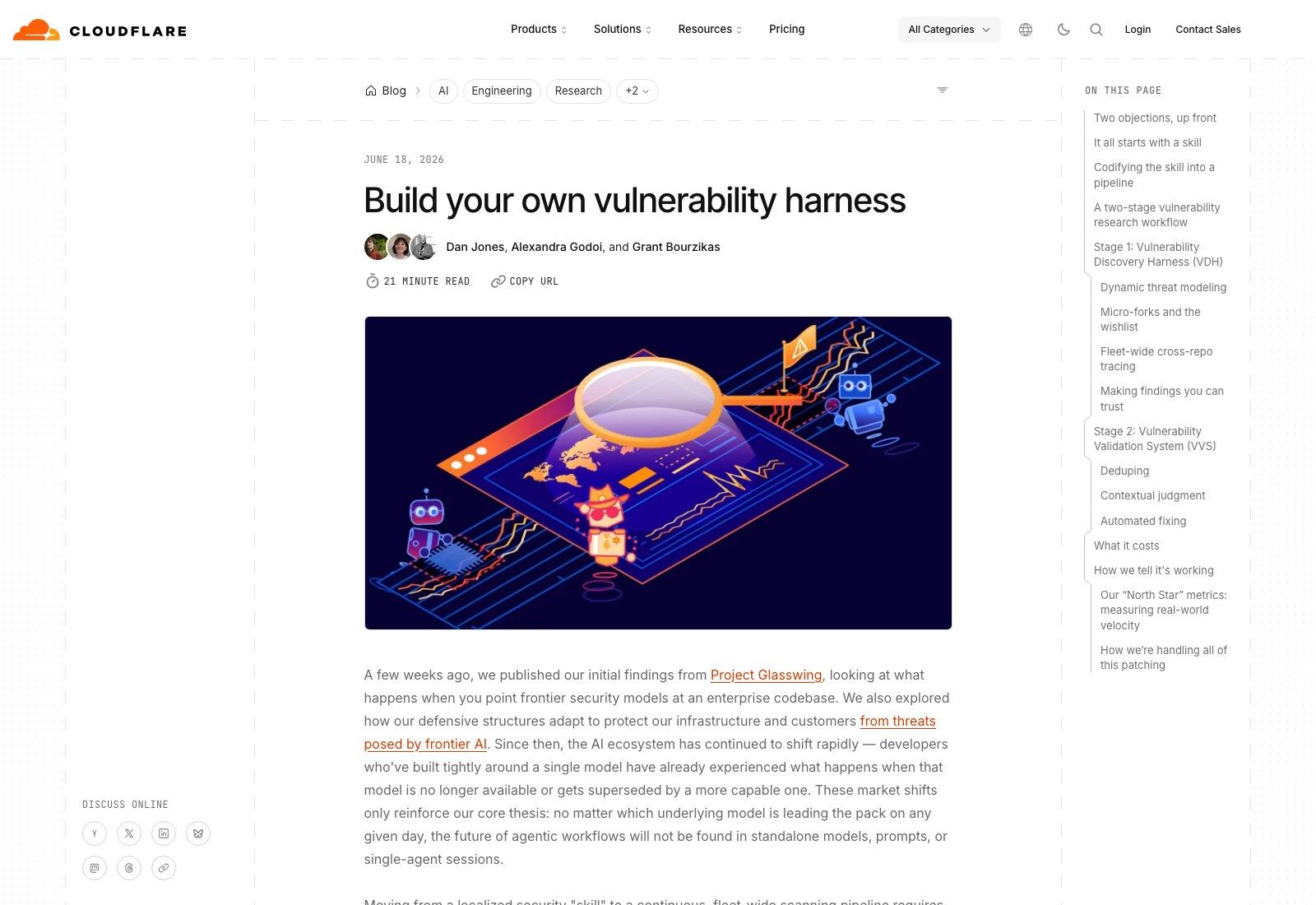 Cloudflare's June 2026 engineering post describing the two-stage vulnerability harness the open-source skill grew out of