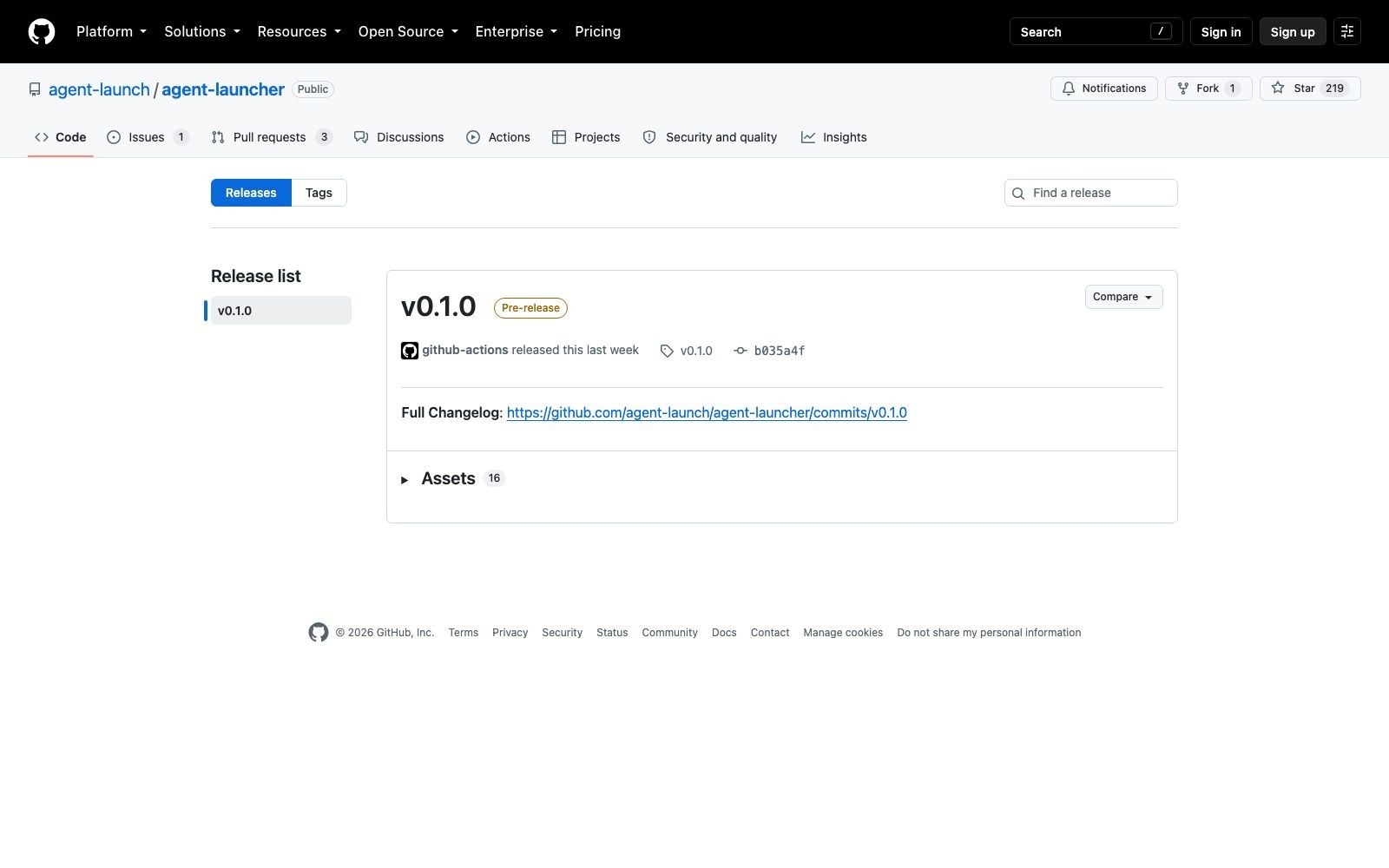 The agent-launcher releases page: a single v0.1.0 build, still flagged pre-release, published ten minutes after the repo went public