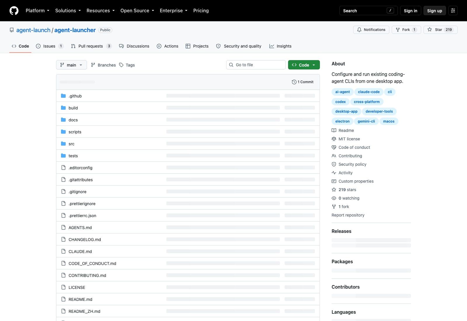 The agent-launcher repository on GitHub: MIT licensed, 219 stars, and a single commit since it was created on 10 September 2026