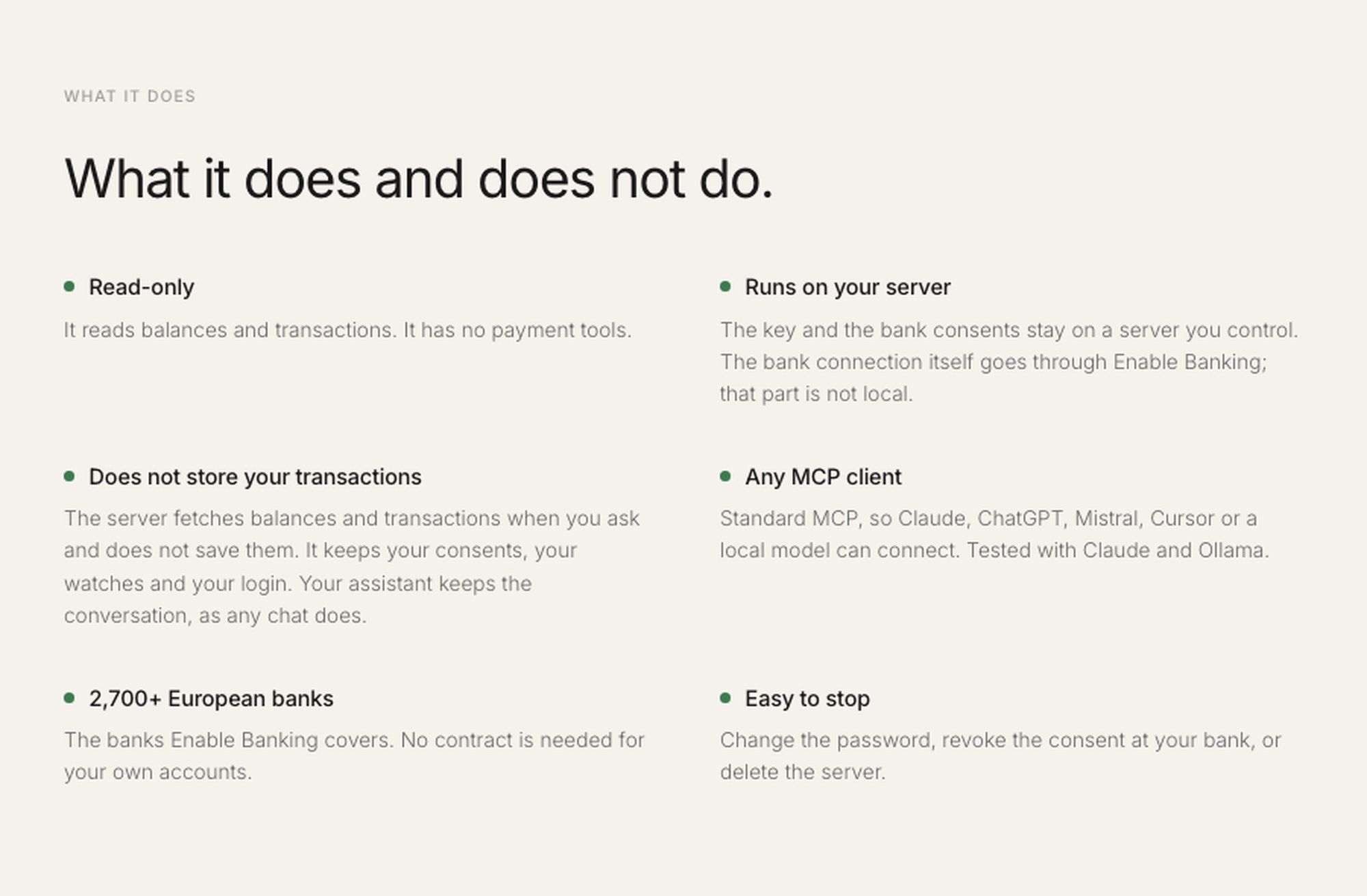 The "what it does and does not do" section on bankmcp.dk, which states in plain text that the bank connection goes through Enable Banking and that part is not local