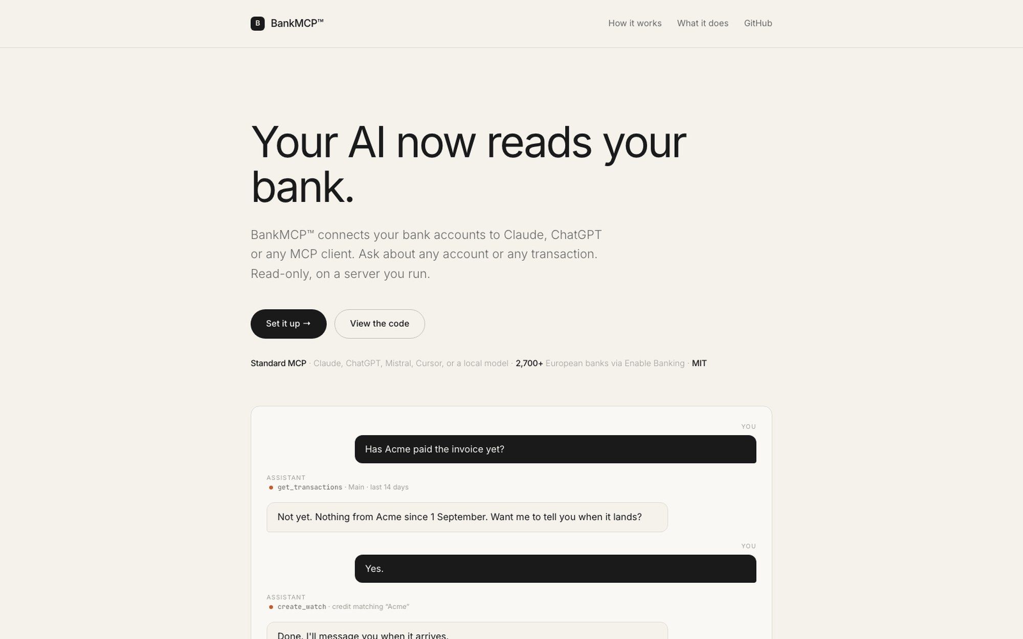 The BankMCP homepage, showing a sample conversation where the assistant calls get_transactions and then create_watch to monitor for an incoming payment