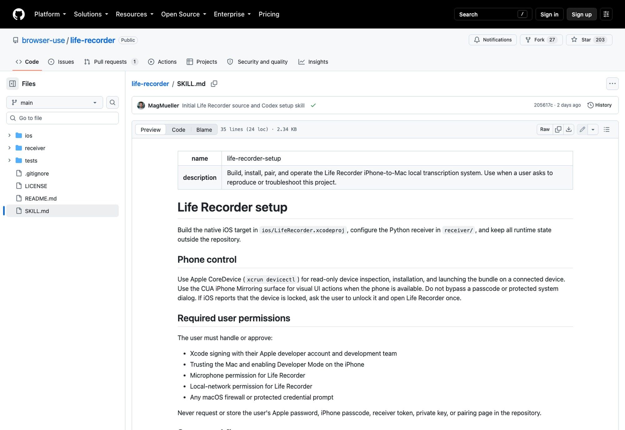 The SKILL.md file in the life-recorder repository, a Codex procedure for building and installing the app on a connected iPhone