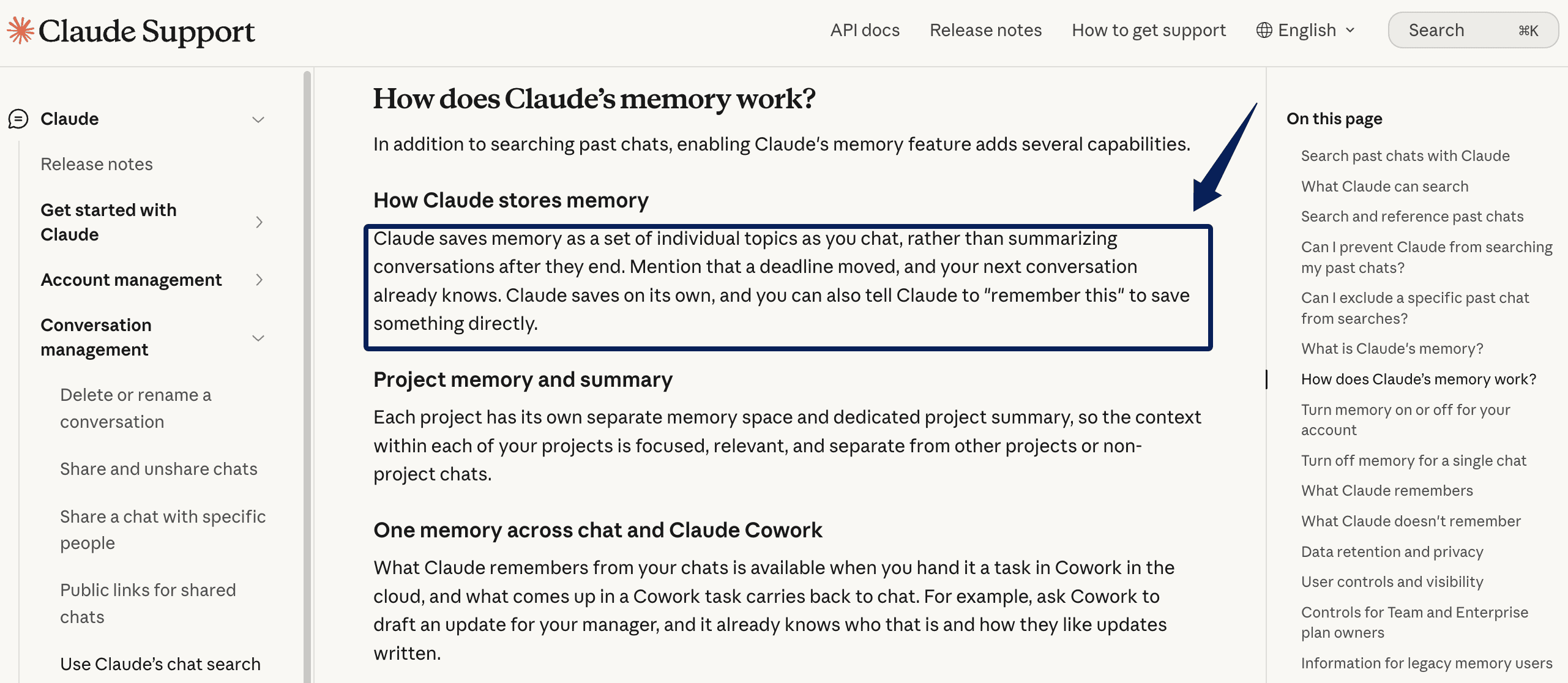 Screenshot of Claude Help Center documenting individual memory topics and separate project memory.