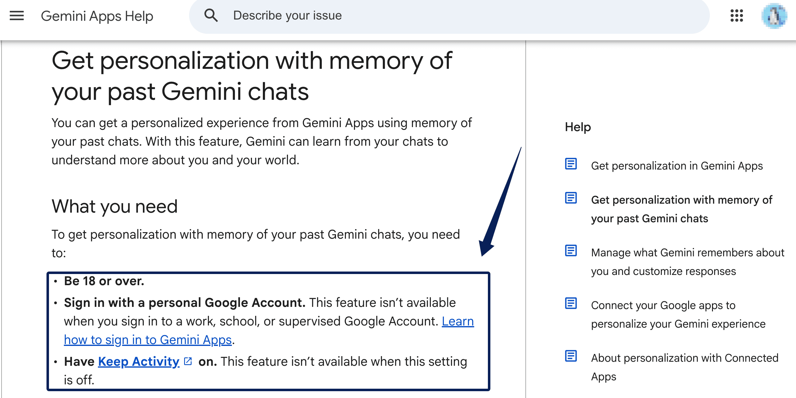 Screenshot of Gemini Apps Help listing personal-account, age, and Keep Activity requirements for past-chat memory.