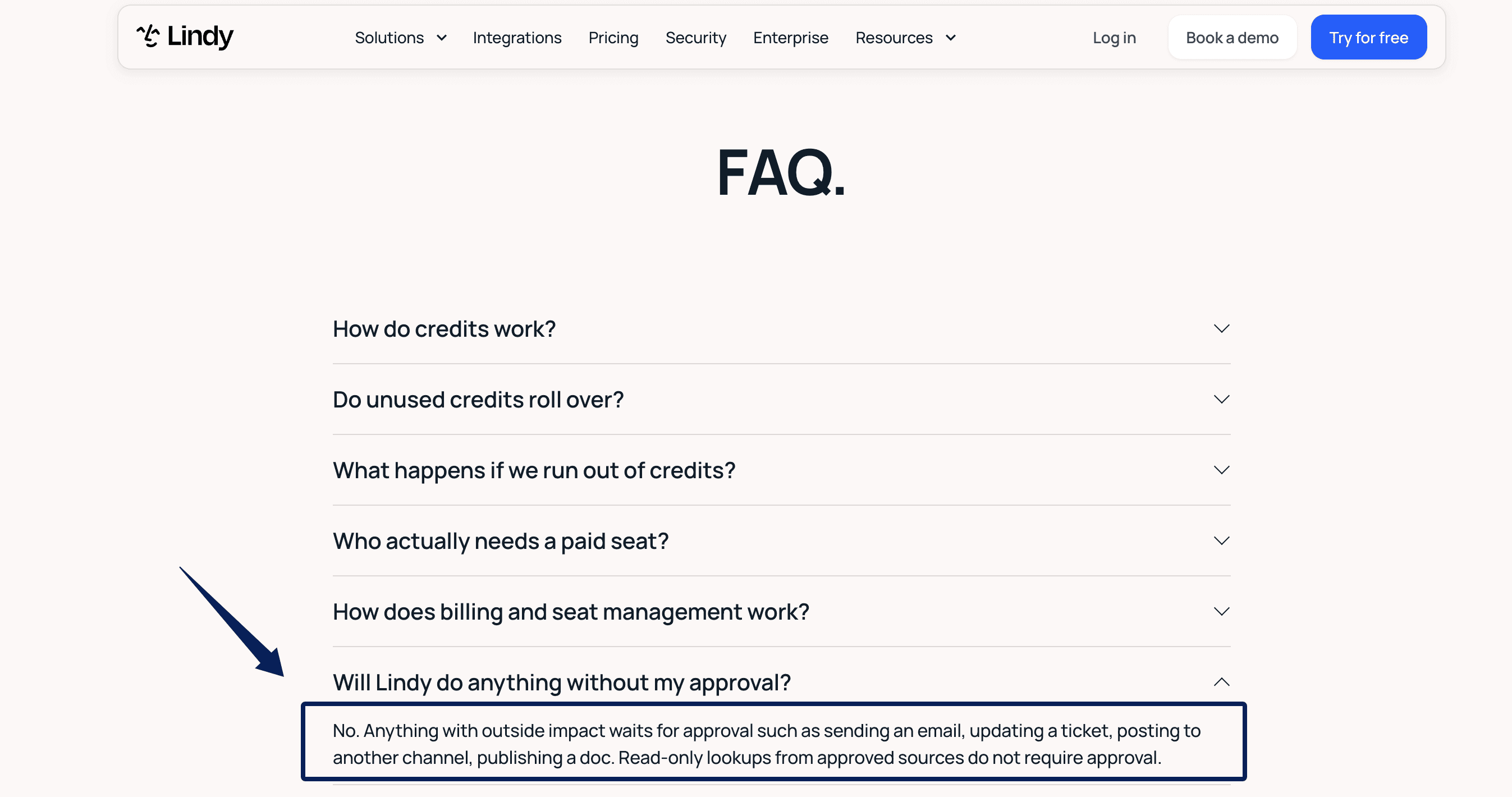 Lindy pricing FAQ says outside-impact actions wait for approval; check channel-specific guardrails.