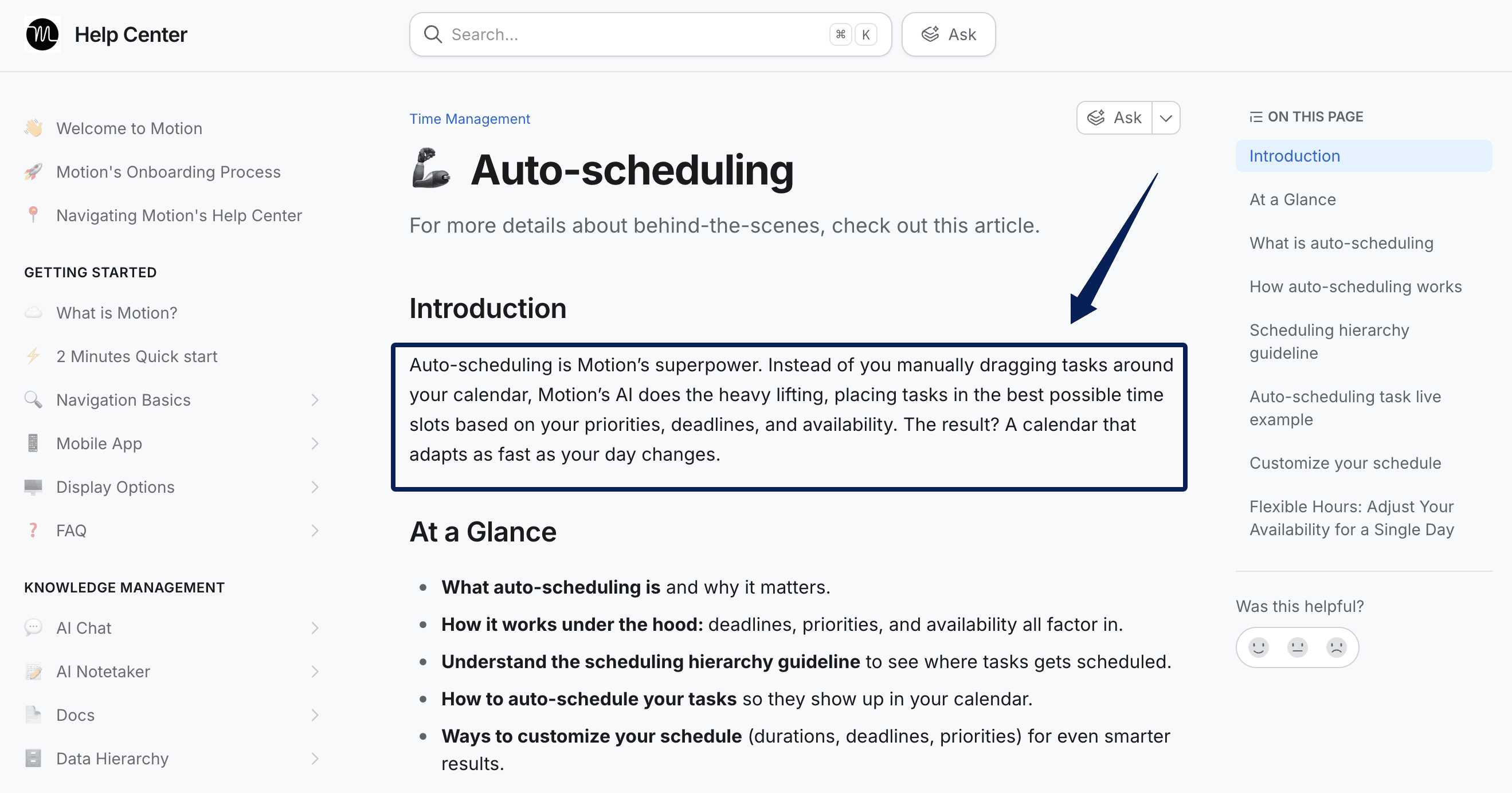 Motion help page explains how tasks are scheduled around calendar events.