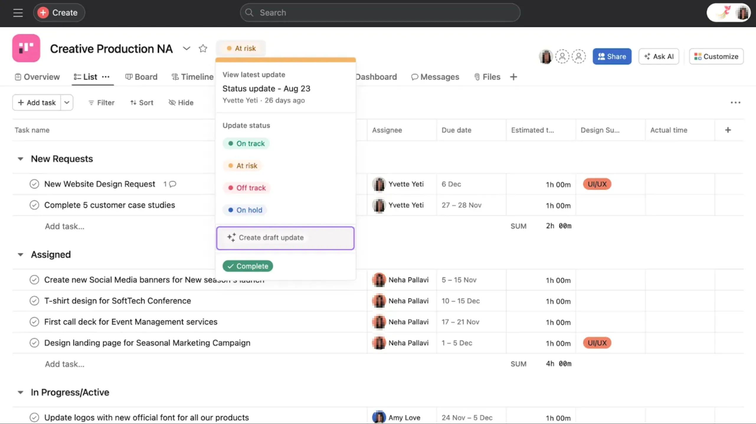 Asana project status menu shows the Create draft update action; this is a public UI illustration, not a tested client report.