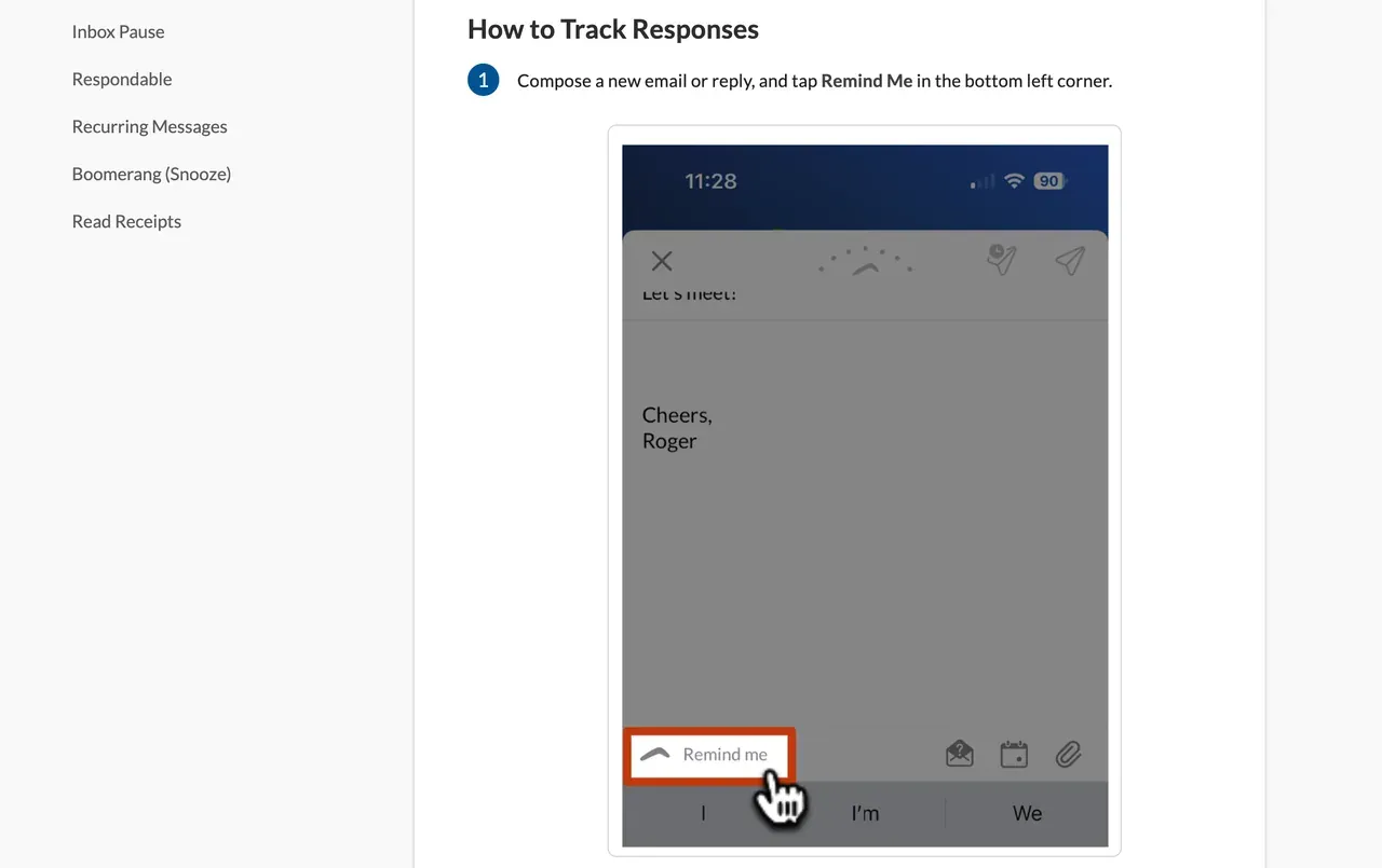 Boomerang's help page shows the Remind Me control in its mobile composer; this is documentation, not a live-account test.