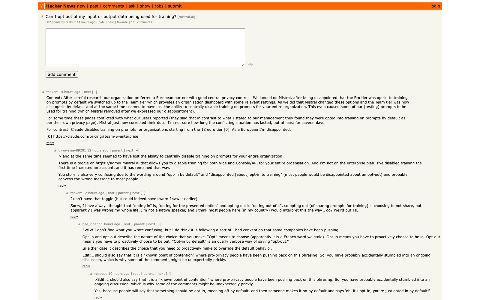 The Hacker News discussion of Mistral's training opt-out, 382 points and 168 comments, with the submitter describing conflicting documentation that was corrected