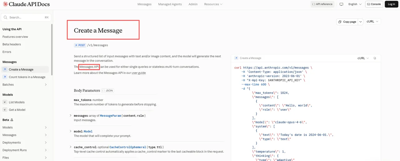 Claude API docs showing the Create a Message page for the POST /v1/messages Messages API endpoint
