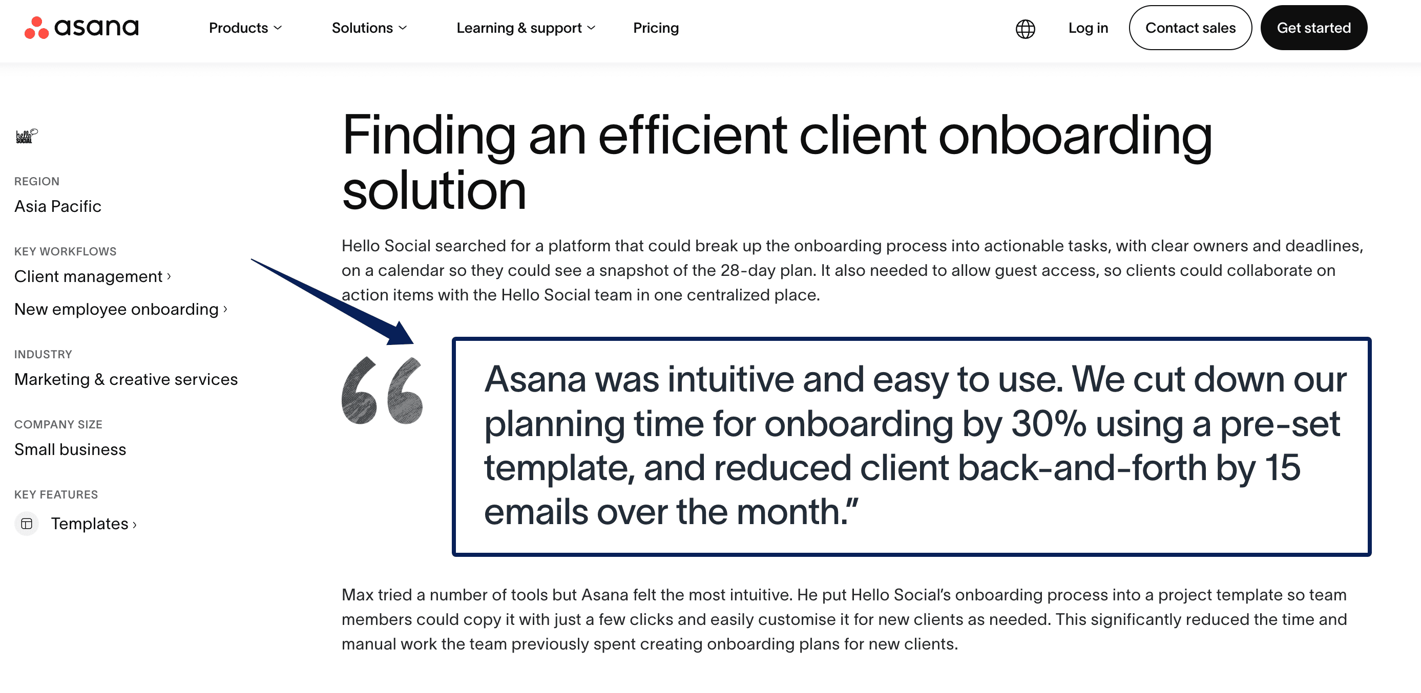Asana case study highlighting Hello Social's reduction in onboarding preparation time and client emails