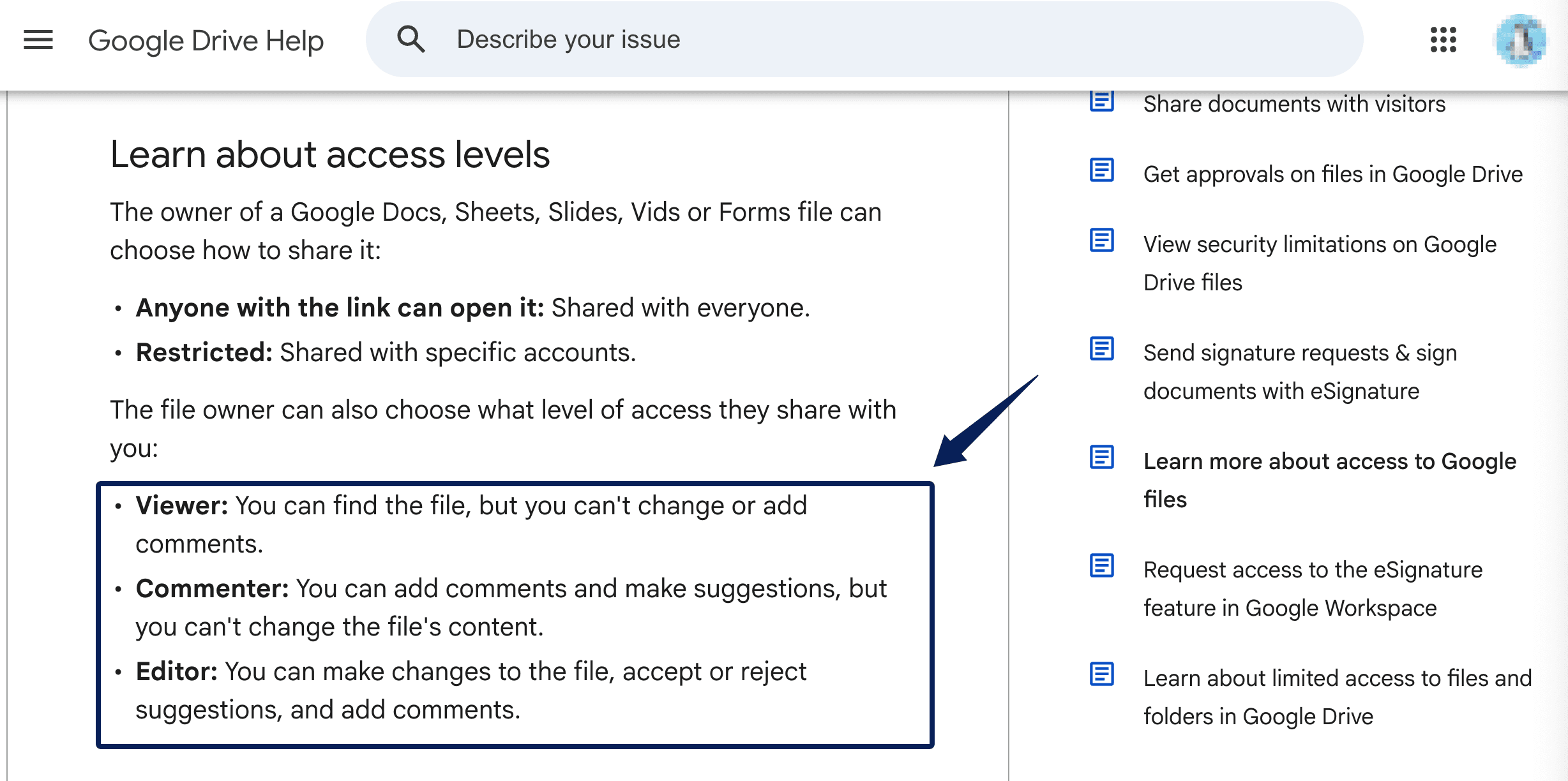 Google Drive Help page explaining Viewer, Commenter, and Editor access levels