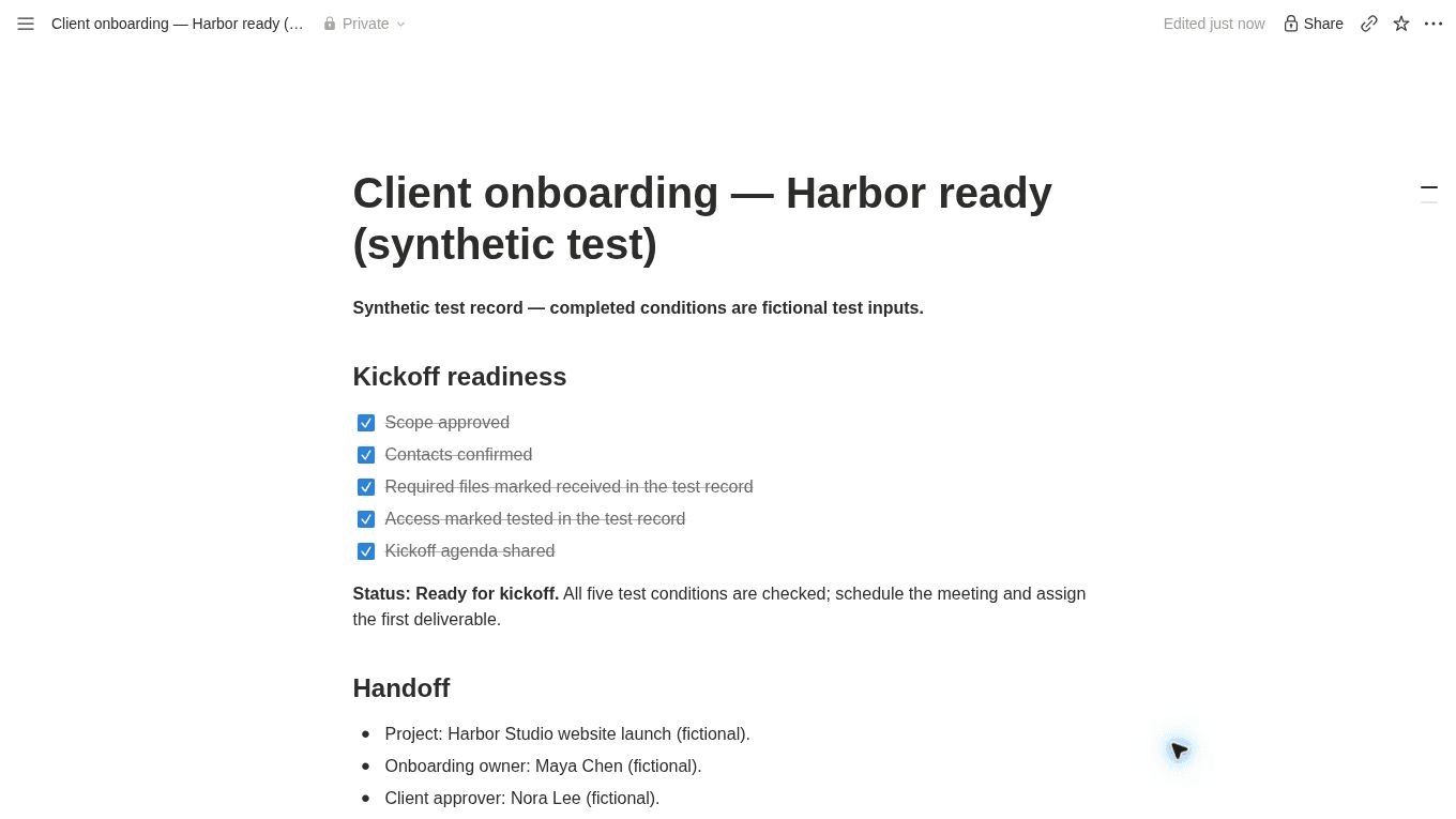 Synthetic Notion client onboarding record showing completed kickoff readiness conditions