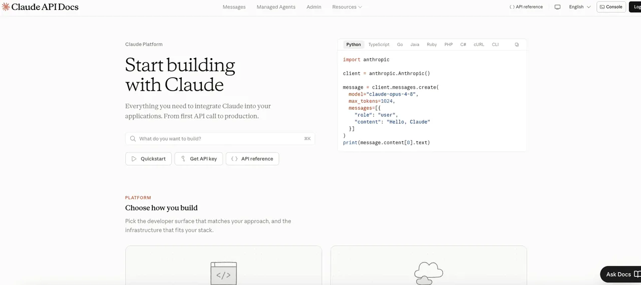 Claude Platform Start building with Claude documentation landing page