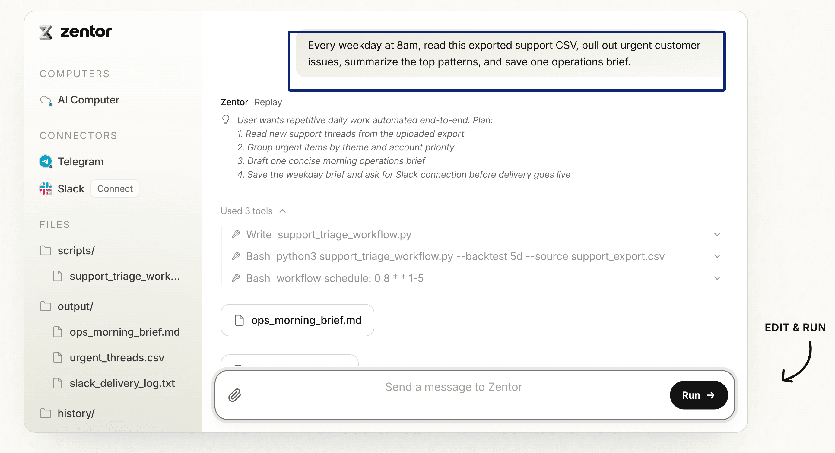 Zentor recurring task interface showing a scheduled support triage workflow