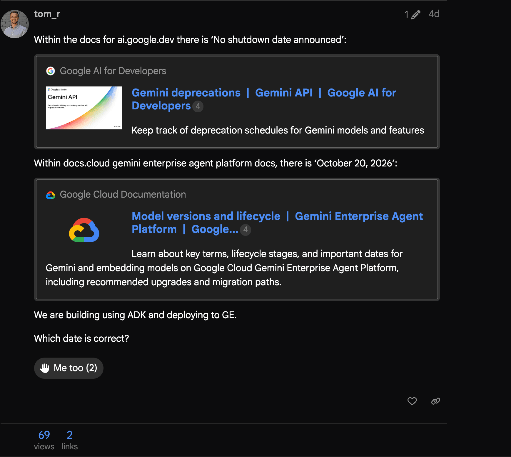 A developer asking Google's forum on September 16, 2026 which shutdown date is correct, with screenshots of both contradicting pages; the thread was still unanswered four days later