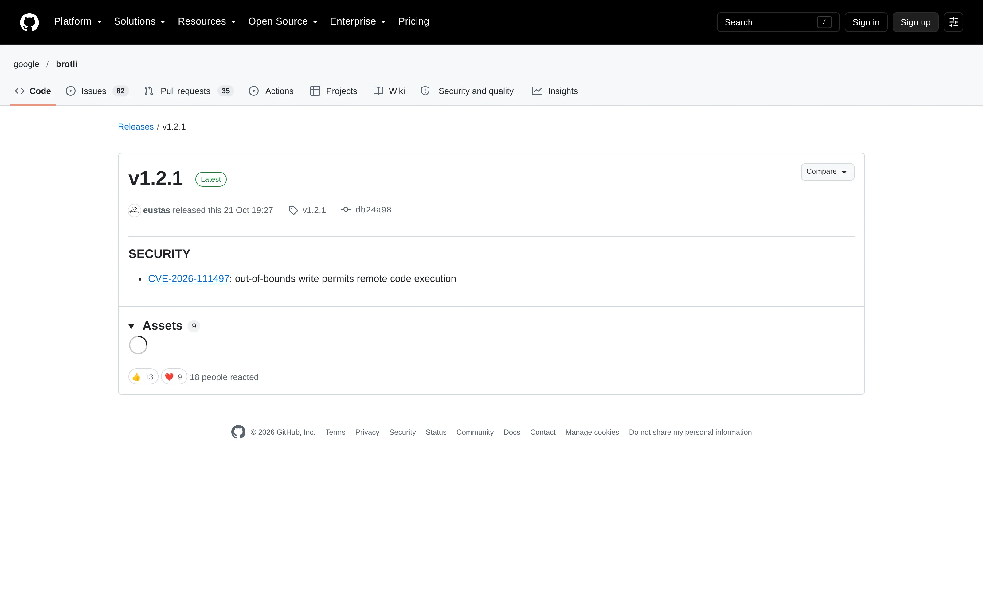 The official google/brotli GitHub release page names CVE-2026-111497 under SECURITY for version 1.2.1.