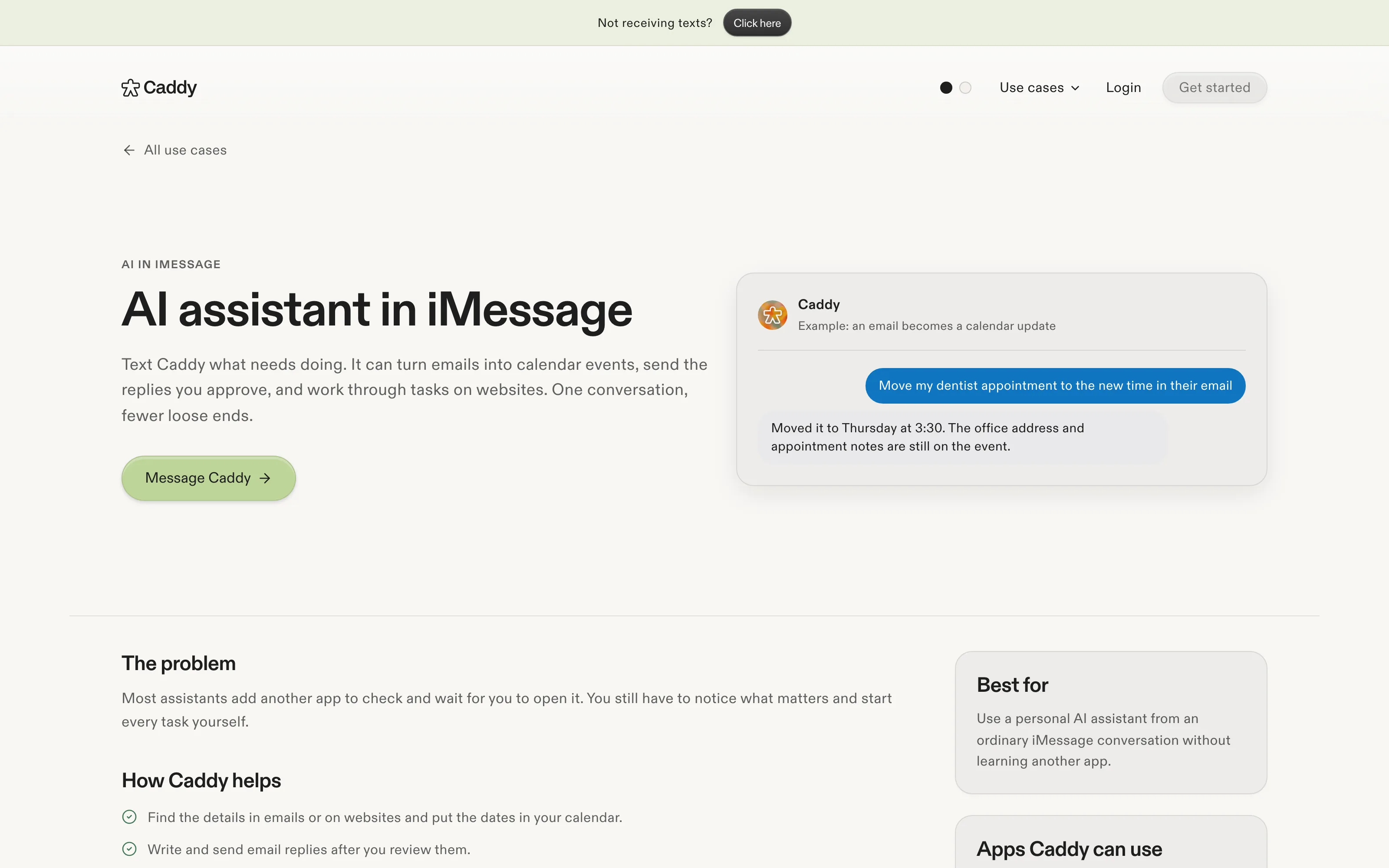 Caddy's official iMessage use-case page showing an email-to-calendar example and its description of approved replies.