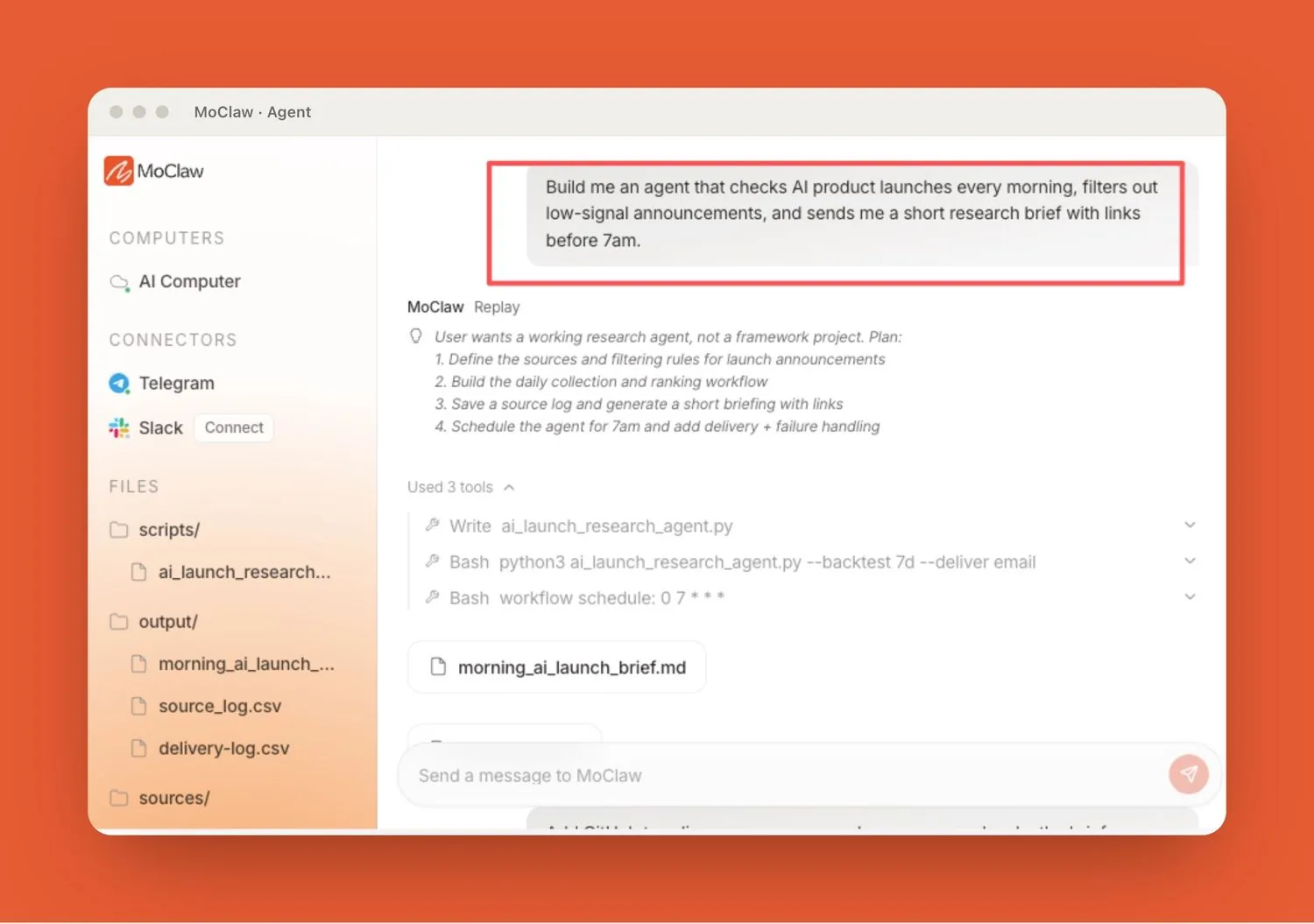 A Zentor (formerly MoClaw) cloud agent turning a chat request into a scoped, scheduled task with reviewable output.