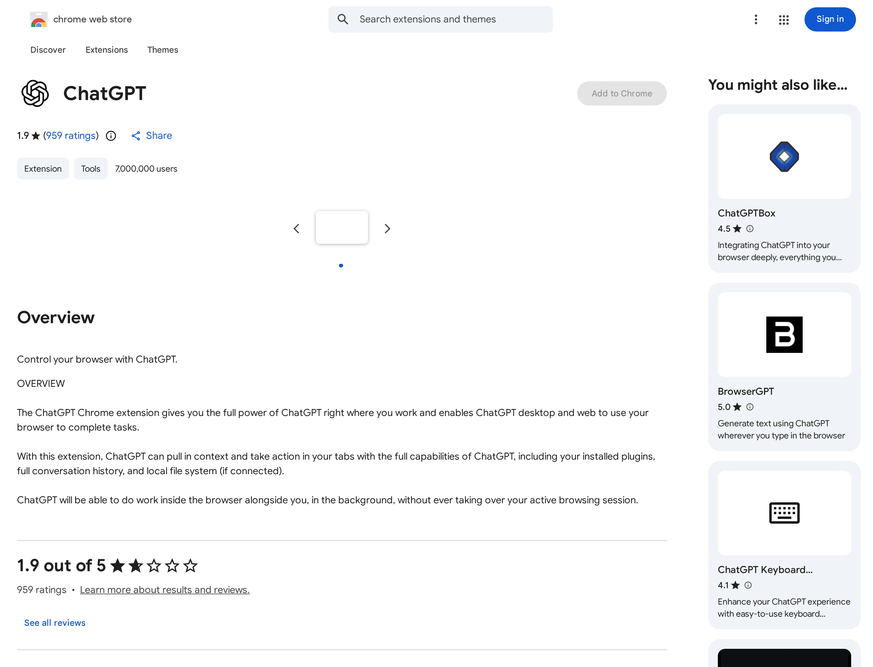 The Chrome Web Store listing presents the extension's browser actions and its listed user count; it is not a benchmark.