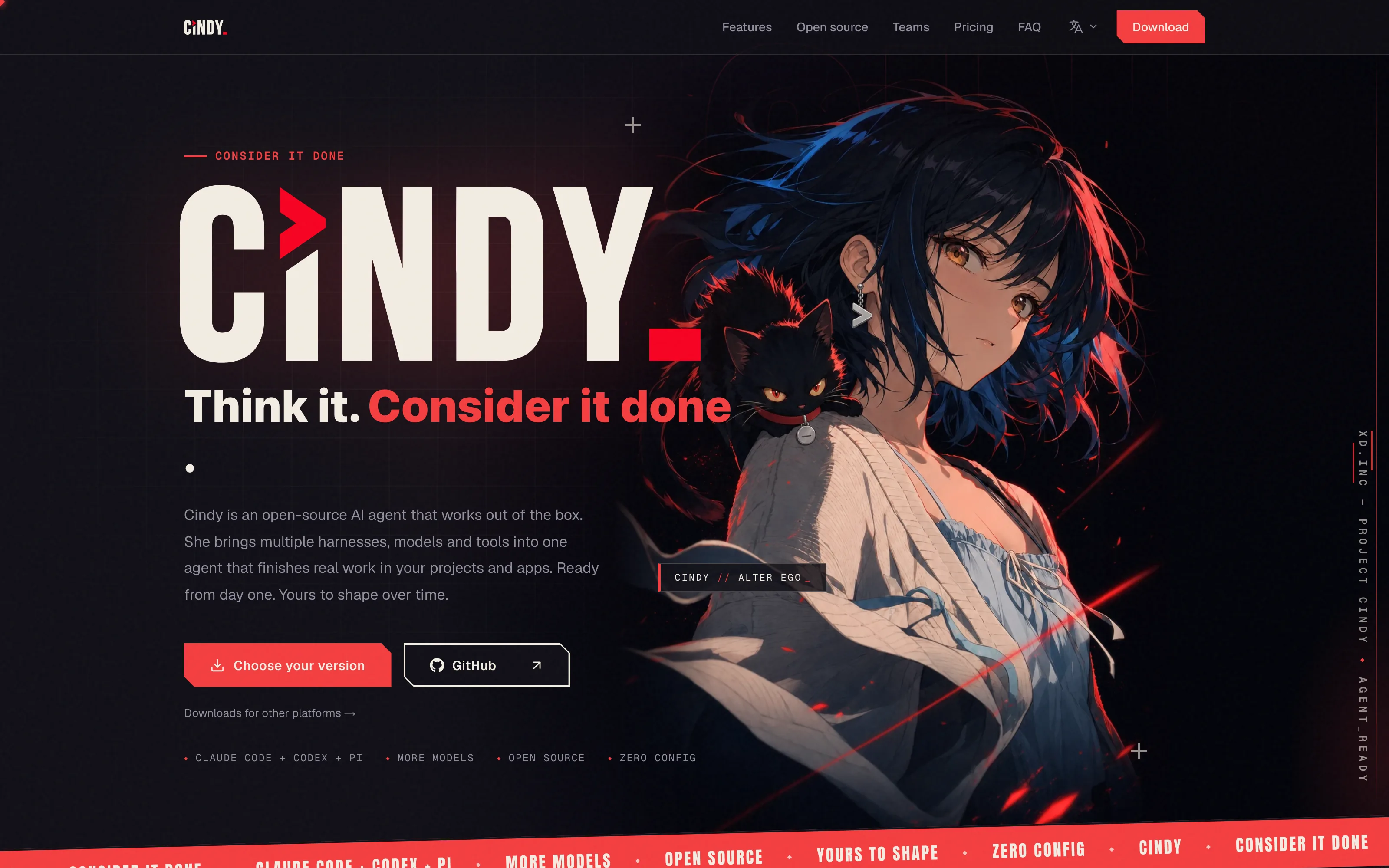 Cindy's official homepage identifies the product as an open-source agent and lists supported runtimes.