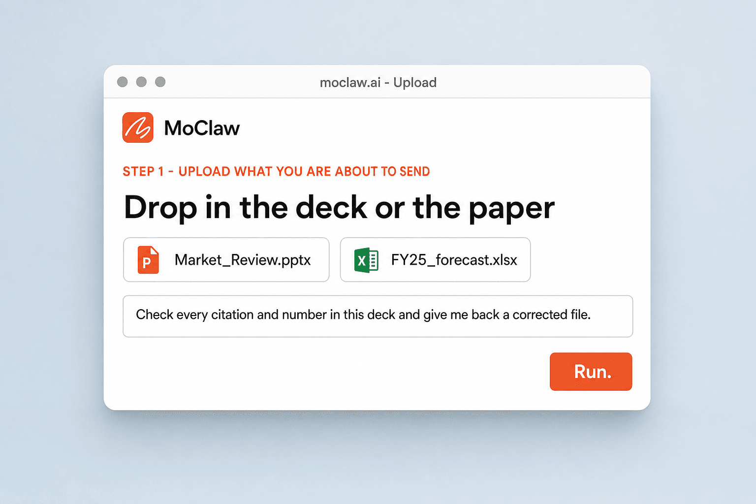 Zentor (formerly MoClaw) screen with a deck and a source spreadsheet attached, ready to be checked