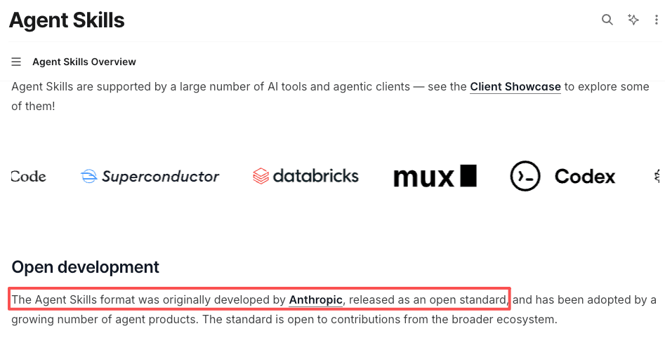 Claude Agent Skills documentation noting the format was developed by Anthropic and released as an open standard adopted by many agent clients
