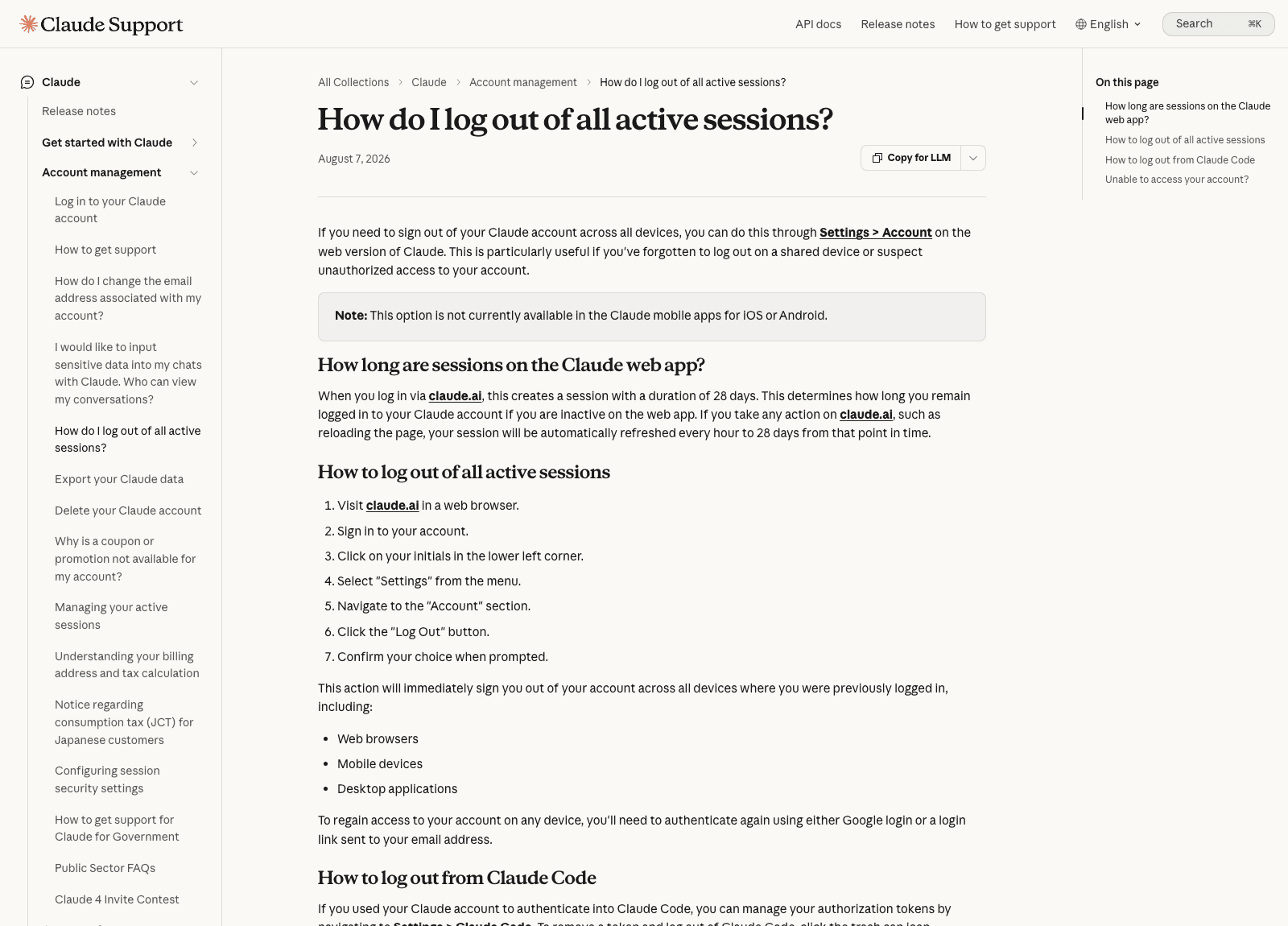 The official Claude Support instructions for signing out of every device at once, including the note that the option is missing from the iOS and Android apps
